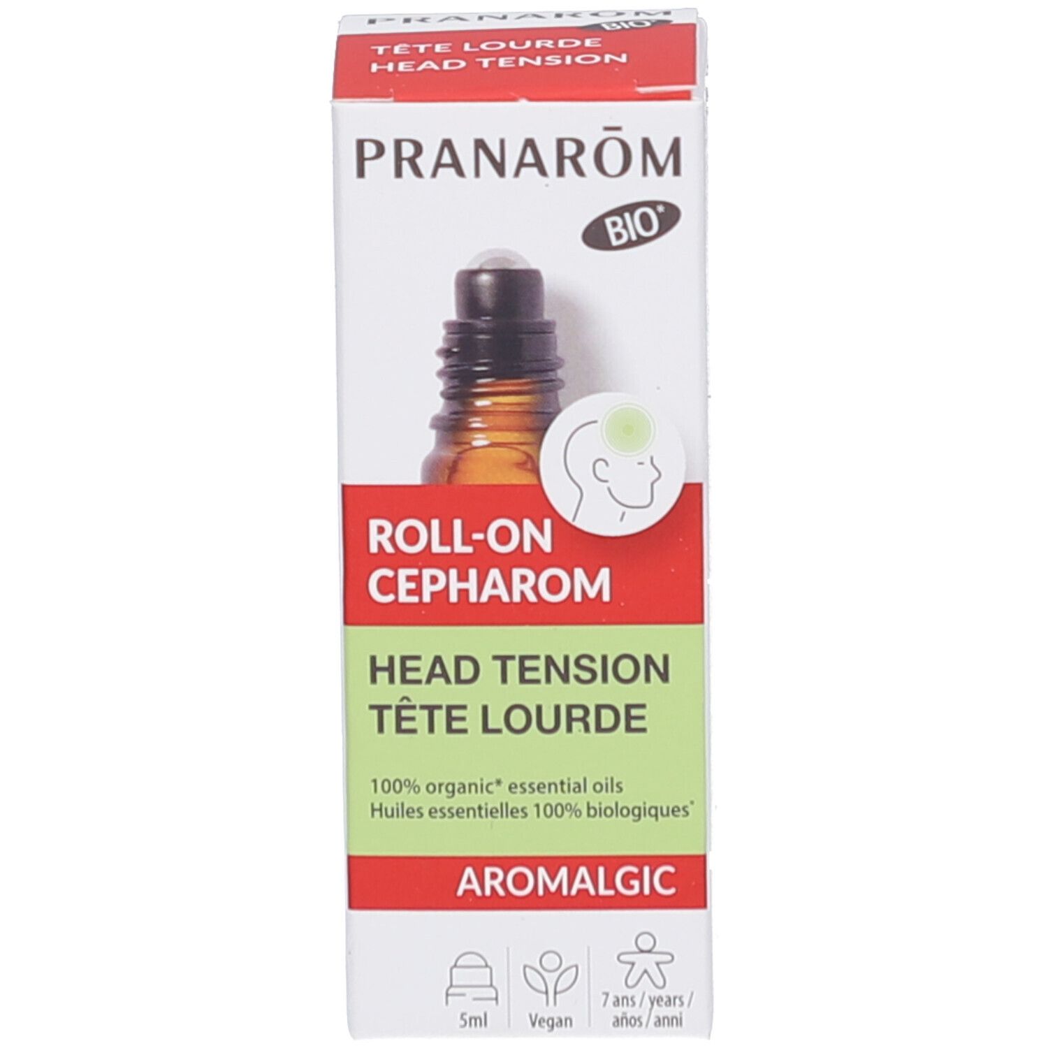 Emballage et flacon. Emballage blanc avec texte et logo. Flacon brun avec bouchon noir.