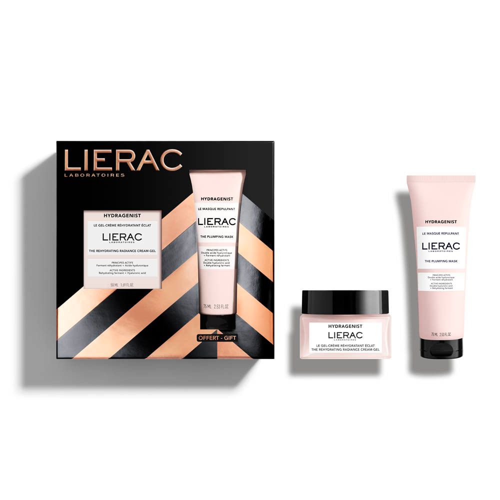 Coffret Lierac avec gel-crème, masque et autre produit. Boîte noire avec accents dorés.