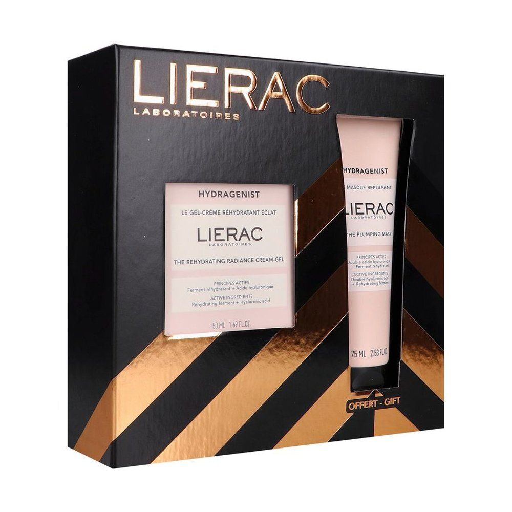 Coffret noir Lierac. Contient gel-crème et masque. Texte: Hydragenist, The Rehydrating Radiance Cream-Gel. Offert-Gift.