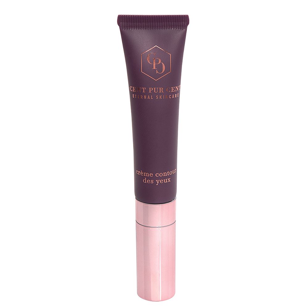 Tube violet avec bouchon rose doré. Texte: Crème Contour des Yeux. Logo: CP. Marque: Eternal Skincare.