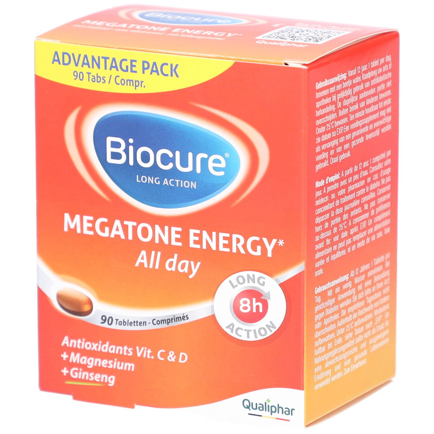 Boîte rouge avec logo Biocure et nom du produit. Contient 90 comprimés. Contient antioxydants, magnésium et ginseng. Logo Qualiphar.