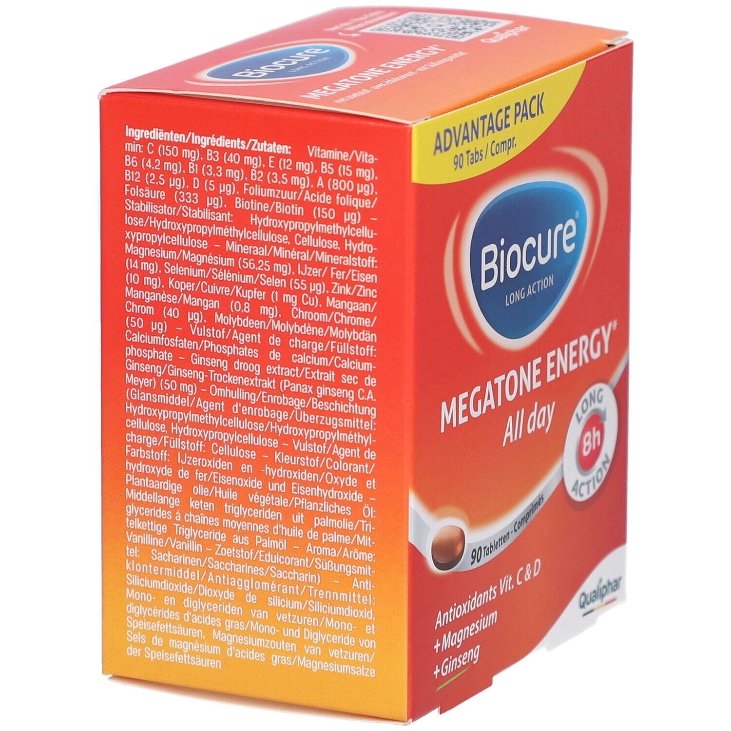 Boîte rouge avec liste des ingrédients. Contient vitamines, minéraux et oligo-éléments. Texte en allemand, français et néerlandais.