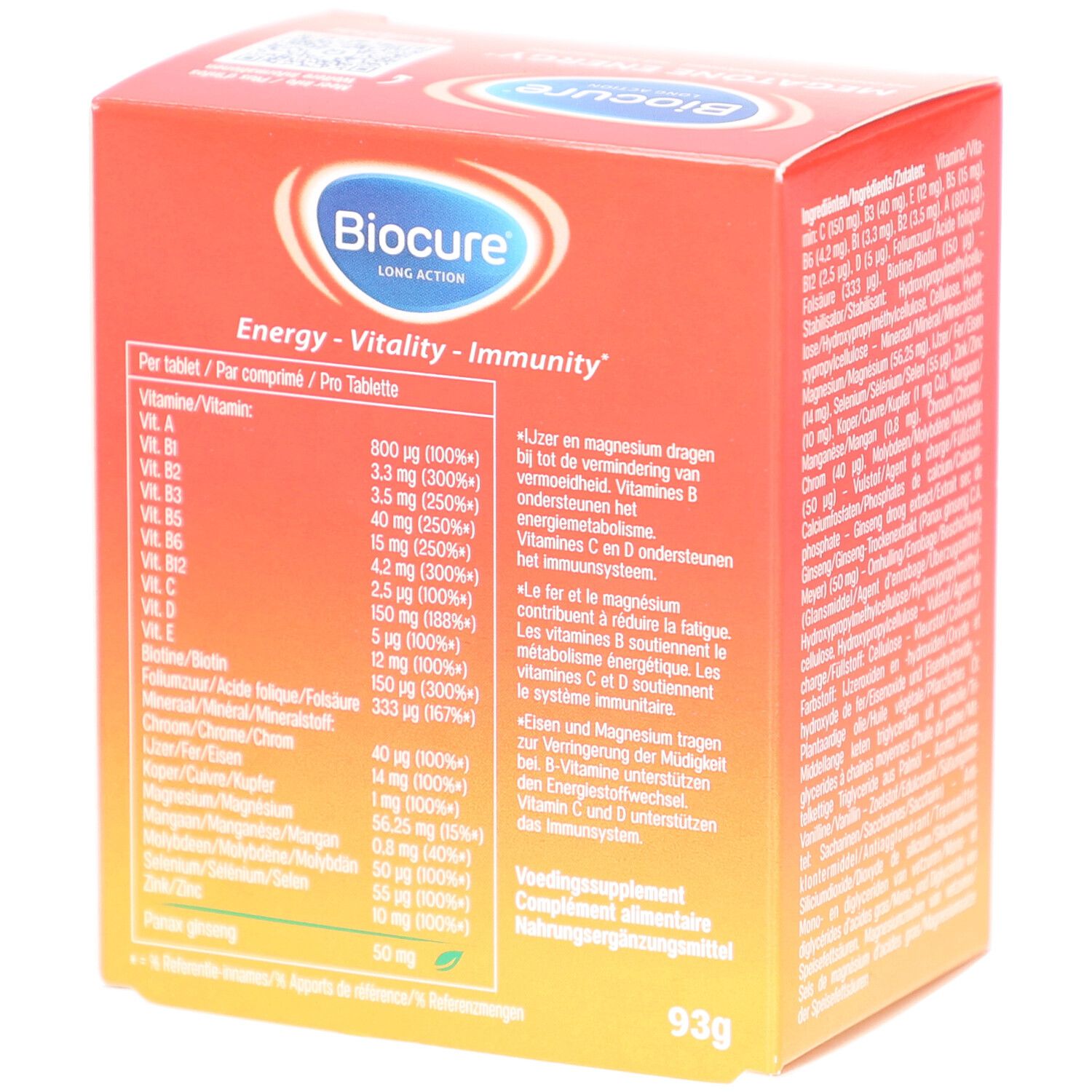 Boîte rouge avec informations nutritionnelles. Contient vitamines et minéraux. Texte en allemand, français et néerlandais. Poids : 93g.