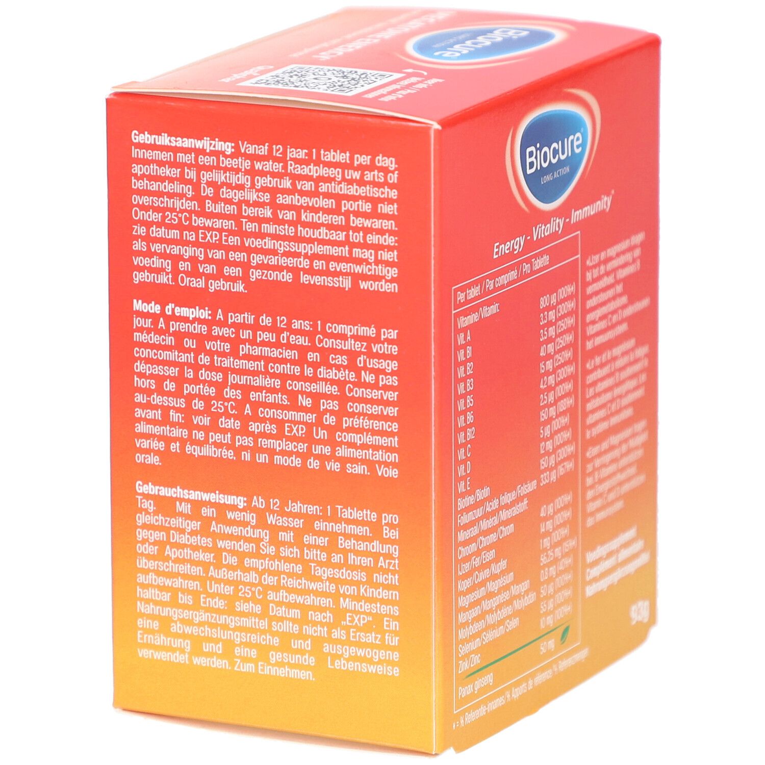 Boîte rouge avec mode d'emploi. Texte en allemand, français et néerlandais. Contient des informations sur la posologie et l'utilisation.