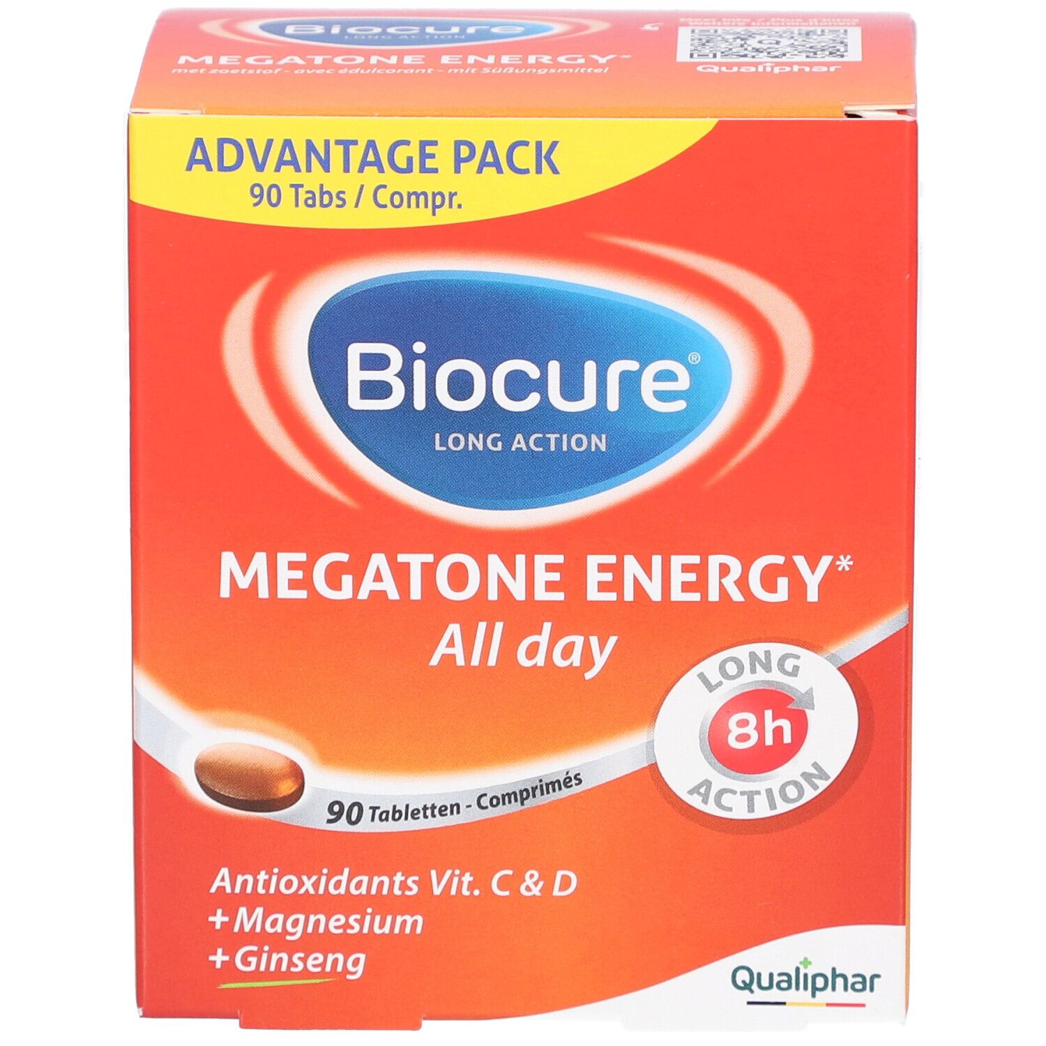 Boîte rouge avec logo Biocure et nom du produit. Contient 90 comprimés. Contient antioxydants, magnésium et ginseng. Logo Qualiphar.
