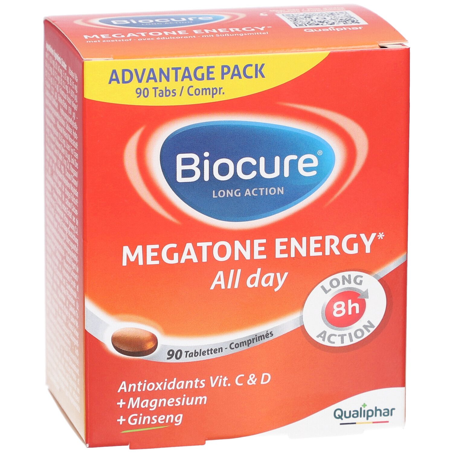 Boîte rouge avec logo Biocure et nom du produit. Contient 90 comprimés. Contient antioxydants, magnésium et ginseng. Logo Qualiphar.