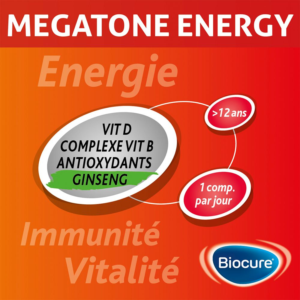 Graphique avec texte: Energie, Immunité, Vitalité. Vit D, Vit B, Antioxydants, Ginseng. 1 comp. par jour. >12 ans.