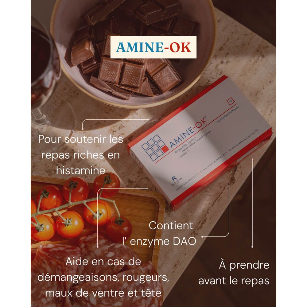Boîte d'AMINE-OK® de 40 gélules, contient de la DAO et de la vitamine C.