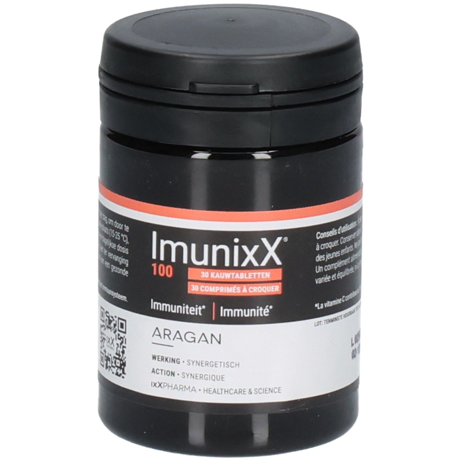 Pot noir de 30 comprimés à croquer Imunixx 100. Contient ARAGAN.