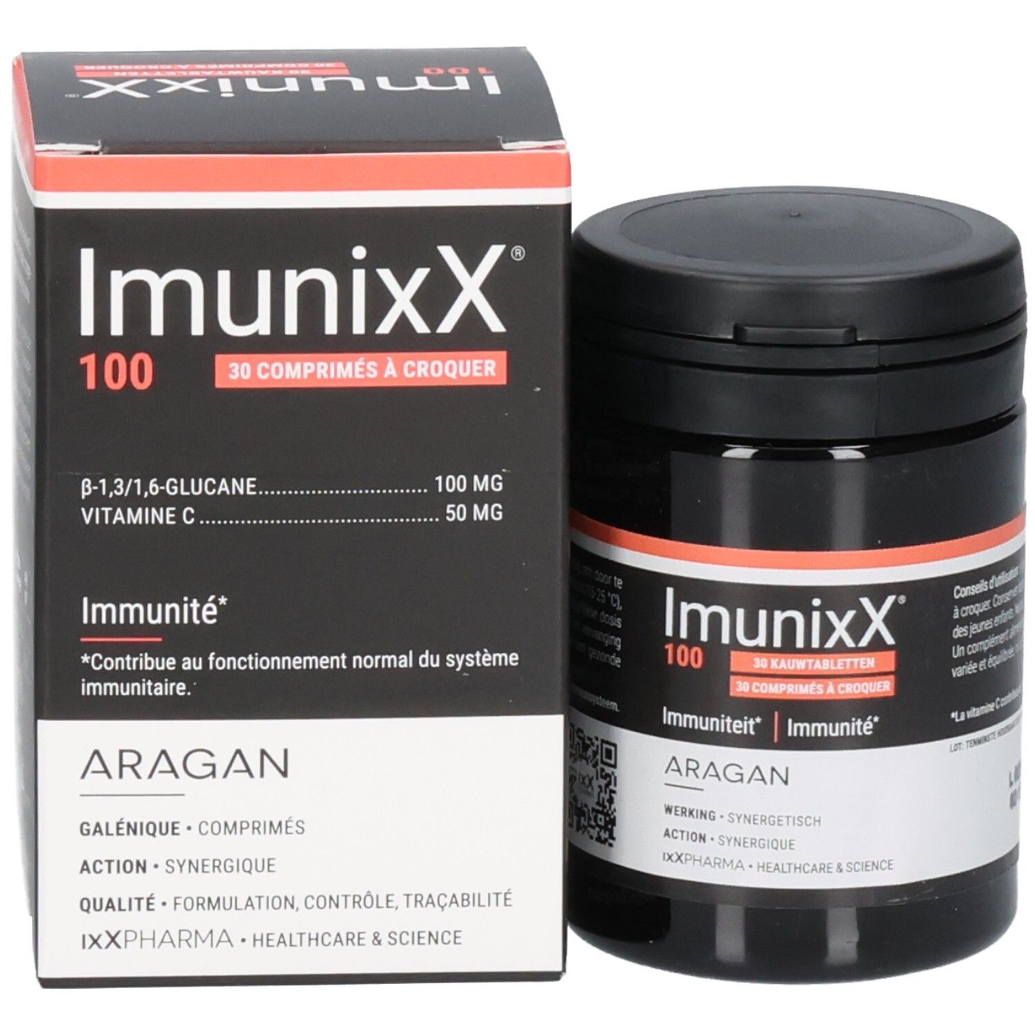 Comprimés à croquer Imunixx 100 (30 pièces) et pot. Contient du B-1,3/1,6-Glucane et de la Vitamine C.