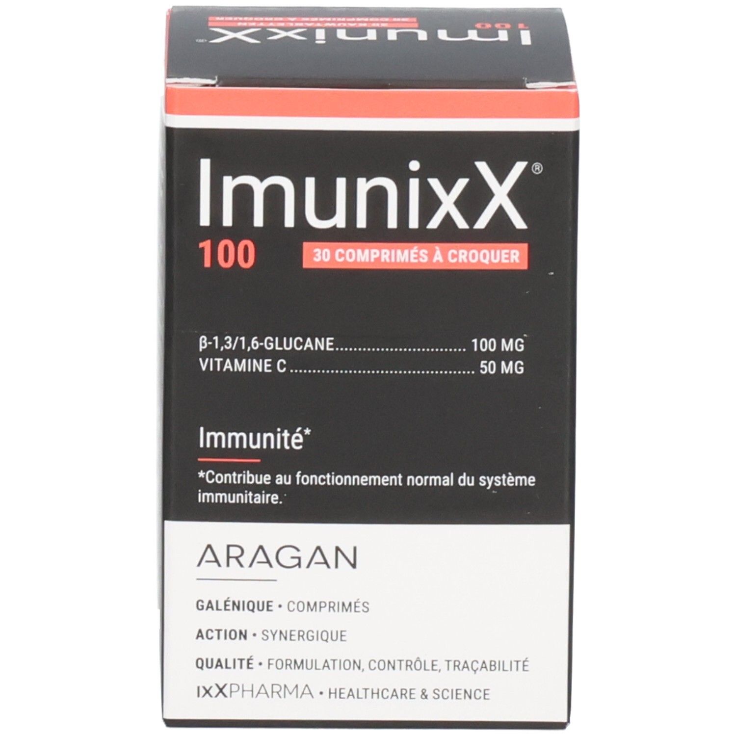Emballage de comprimés à croquer Imunixx 100. Contient B-1,3/1,6-Glucane (100 mg) et Vitamine C (50 mg).