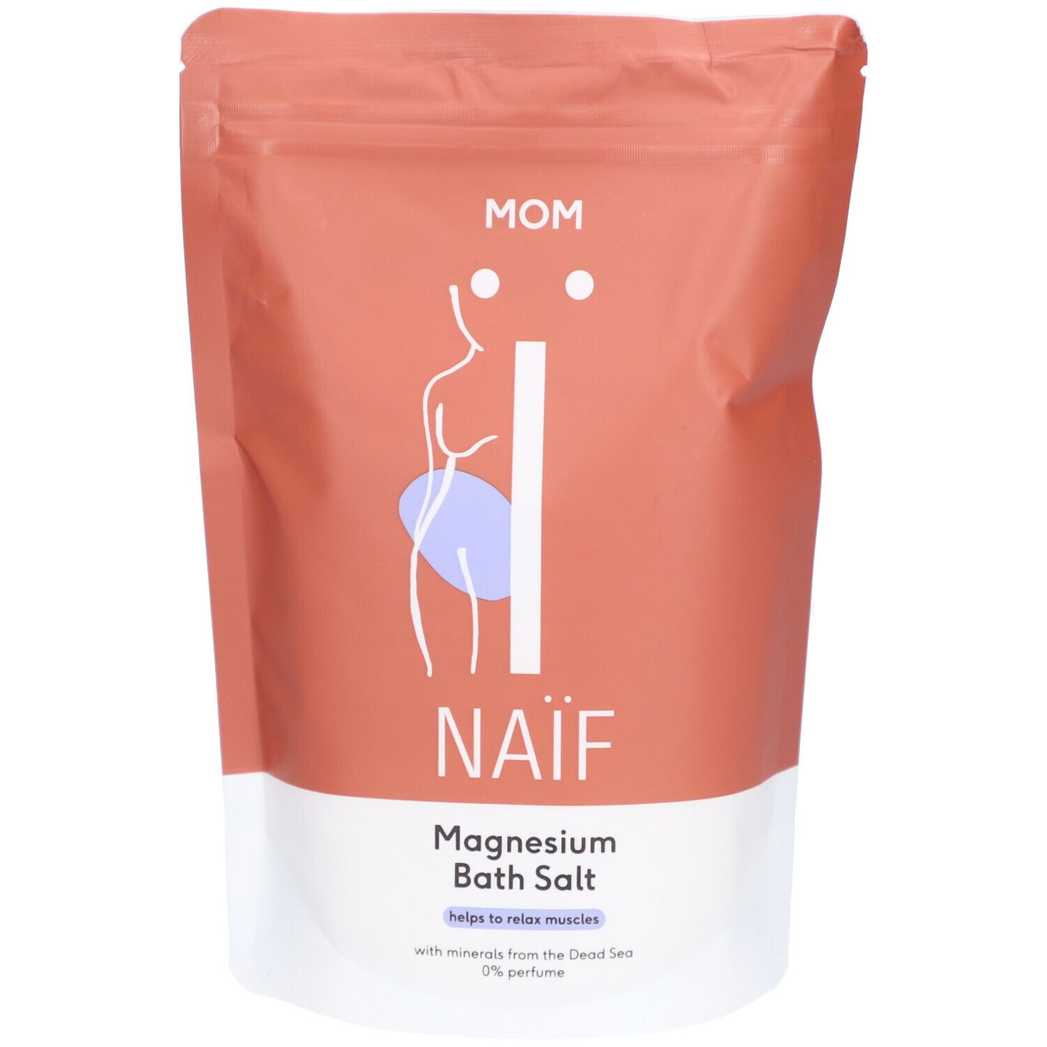 Sachet rose avec base blanche. Inscription: MOM, NAÏF, Magnesium Bath Salt. Illustration d'une femme enceinte. Aide à détendre les muscles.