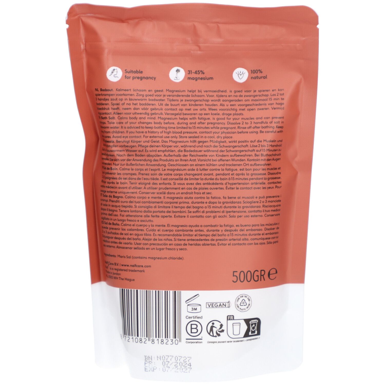 Dos du sachet rose. Texte en plusieurs langues. Contient des informations sur le magnésium, les ingrédients et l'utilisation. 500GR, label Vegan.