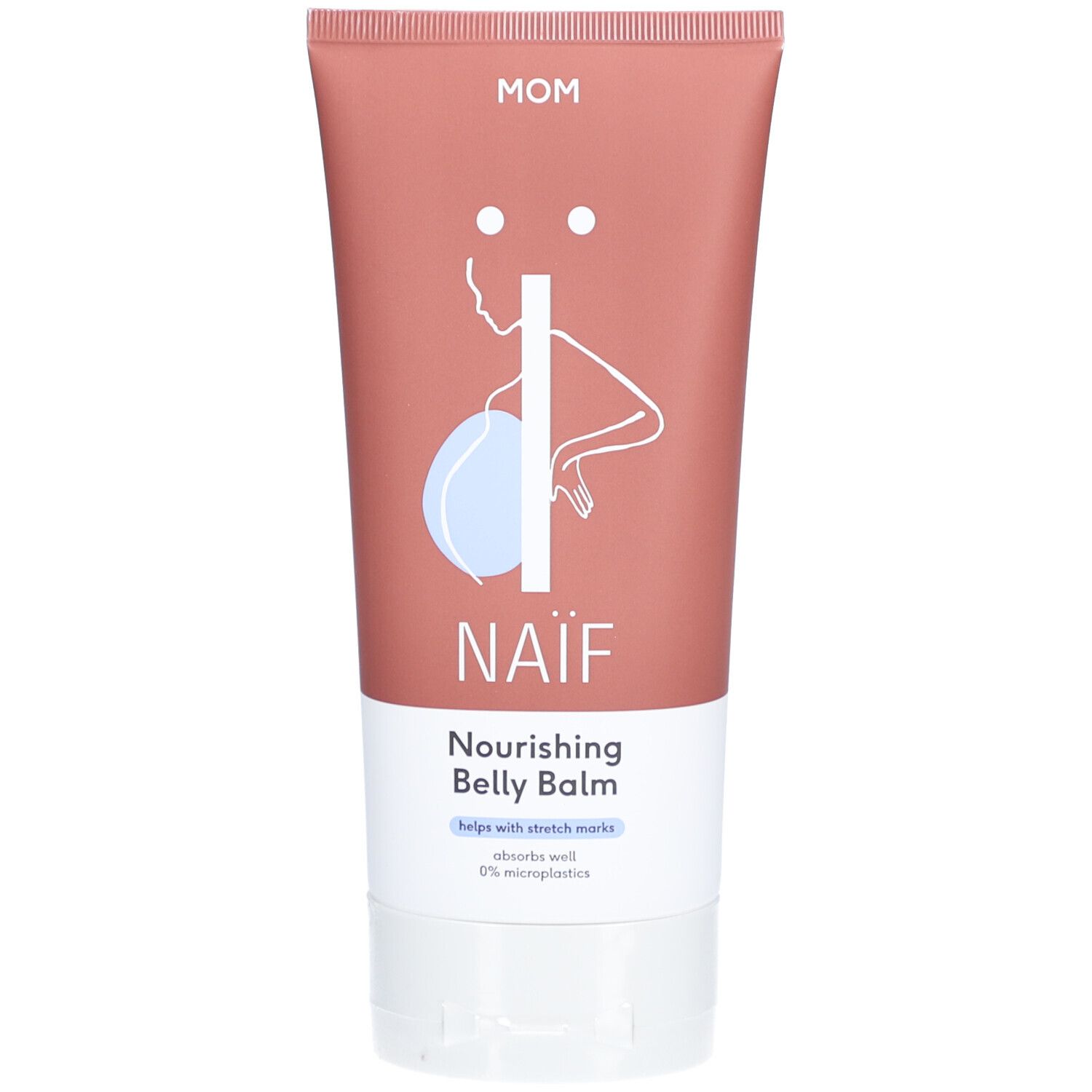 Tube rose avec texte blanc. Naïf Nourishing Belly Balm. Aide à prévenir les vergetures. Illustration d'une femme enceinte.