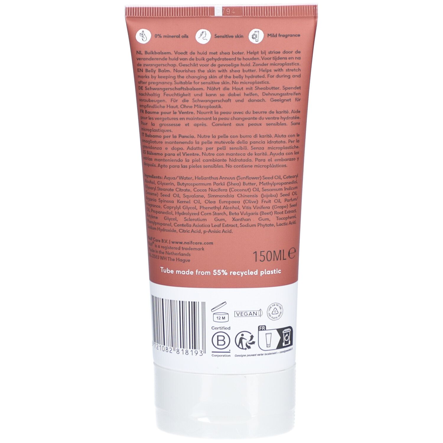 Dos du tube. Texte multilingue. Ingrédients, 150ml, vegan, plastique recyclé, certifications.