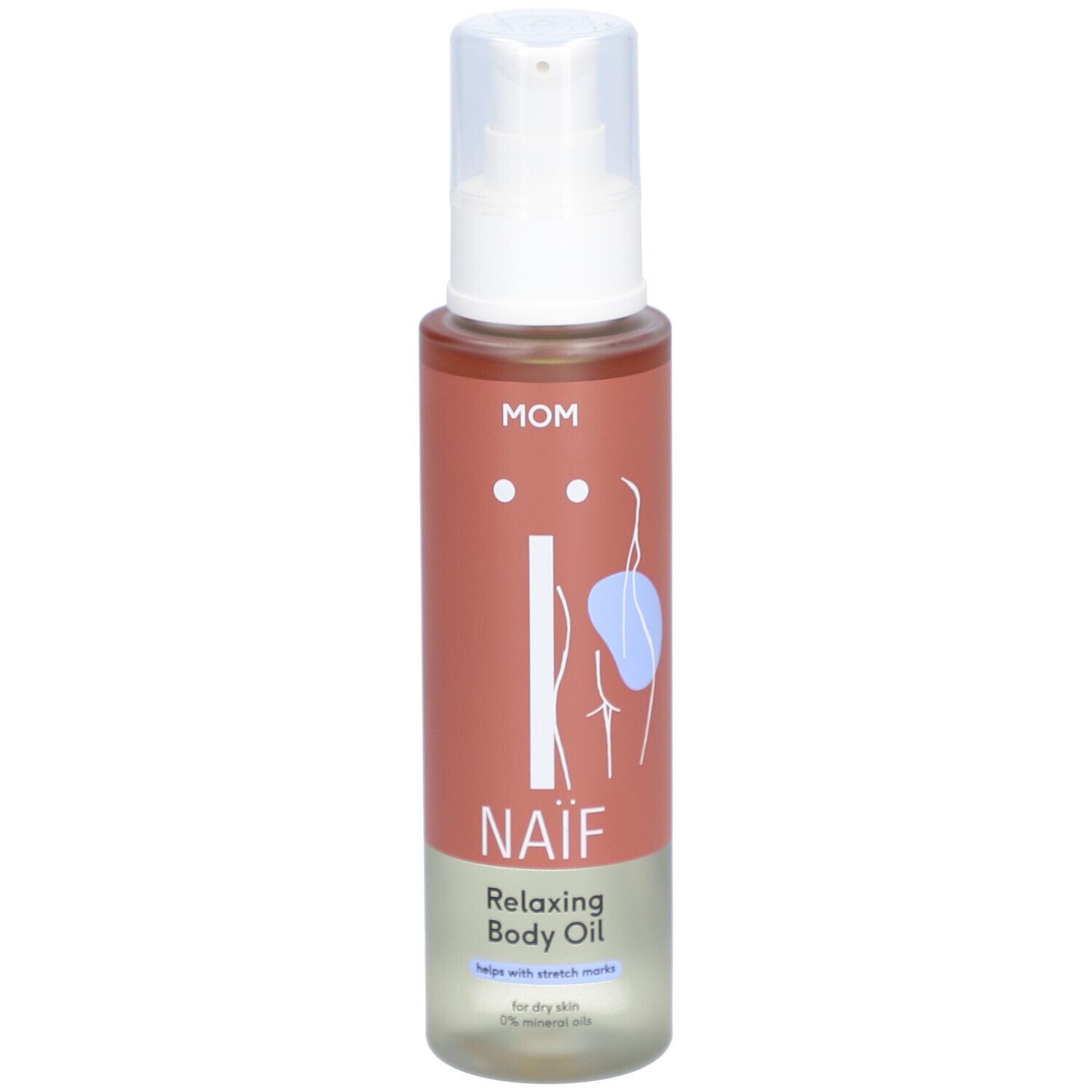 Flacon d'huile corporelle relaxante NAÏF. Avec pompe. Inscription : NAÏF, Relaxing Body Oil. Aide à réduire les vergetures. Pour peaux sèches.