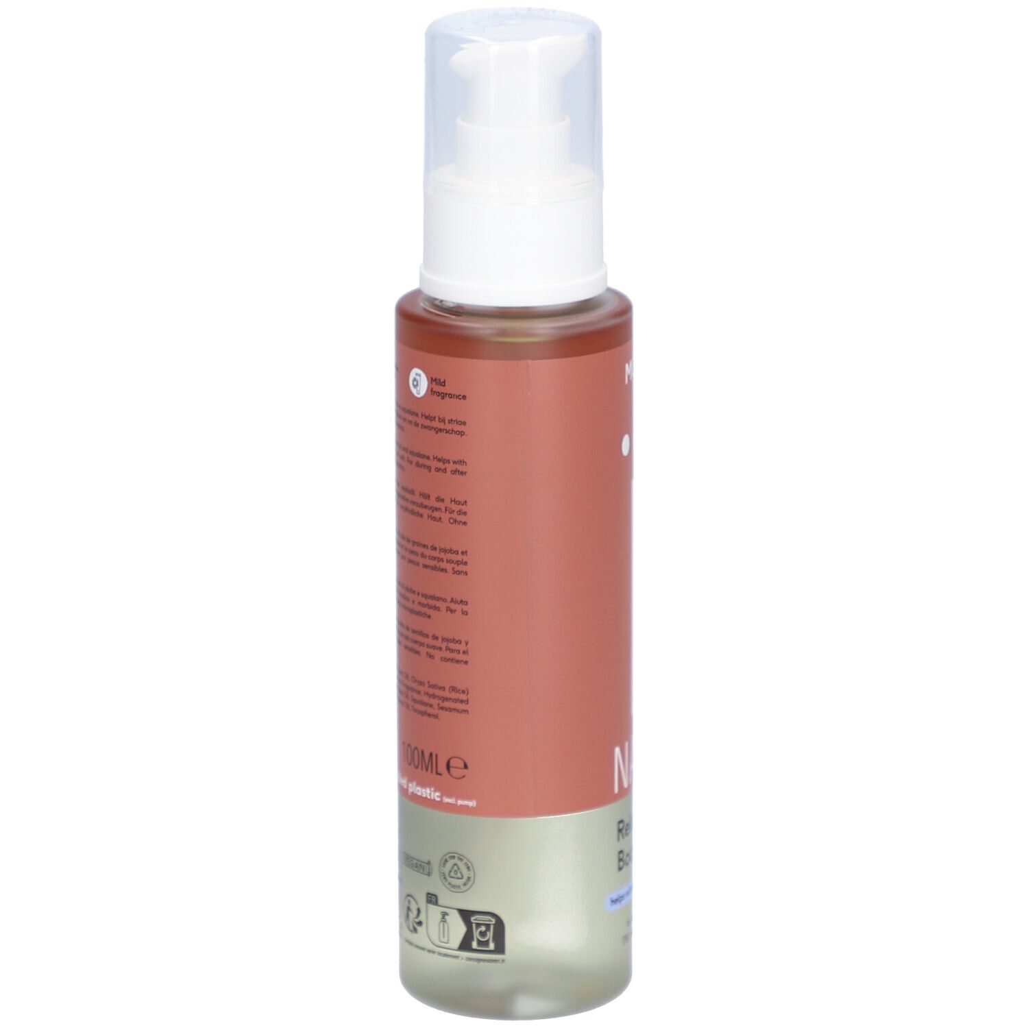 Dos du flacon d'huile corporelle relaxante NAÏF. Texte en plusieurs langues. Informations sur les ingrédients et les certifications.