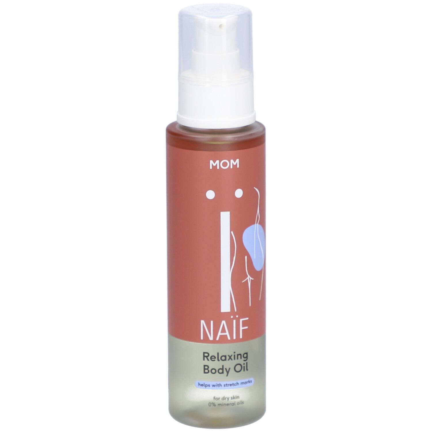 Flacon d'huile corporelle relaxante NAÏF. Avec pompe. Inscription : NAÏF, Relaxing Body Oil. Aide à réduire les vergetures. Pour peaux sèches.
