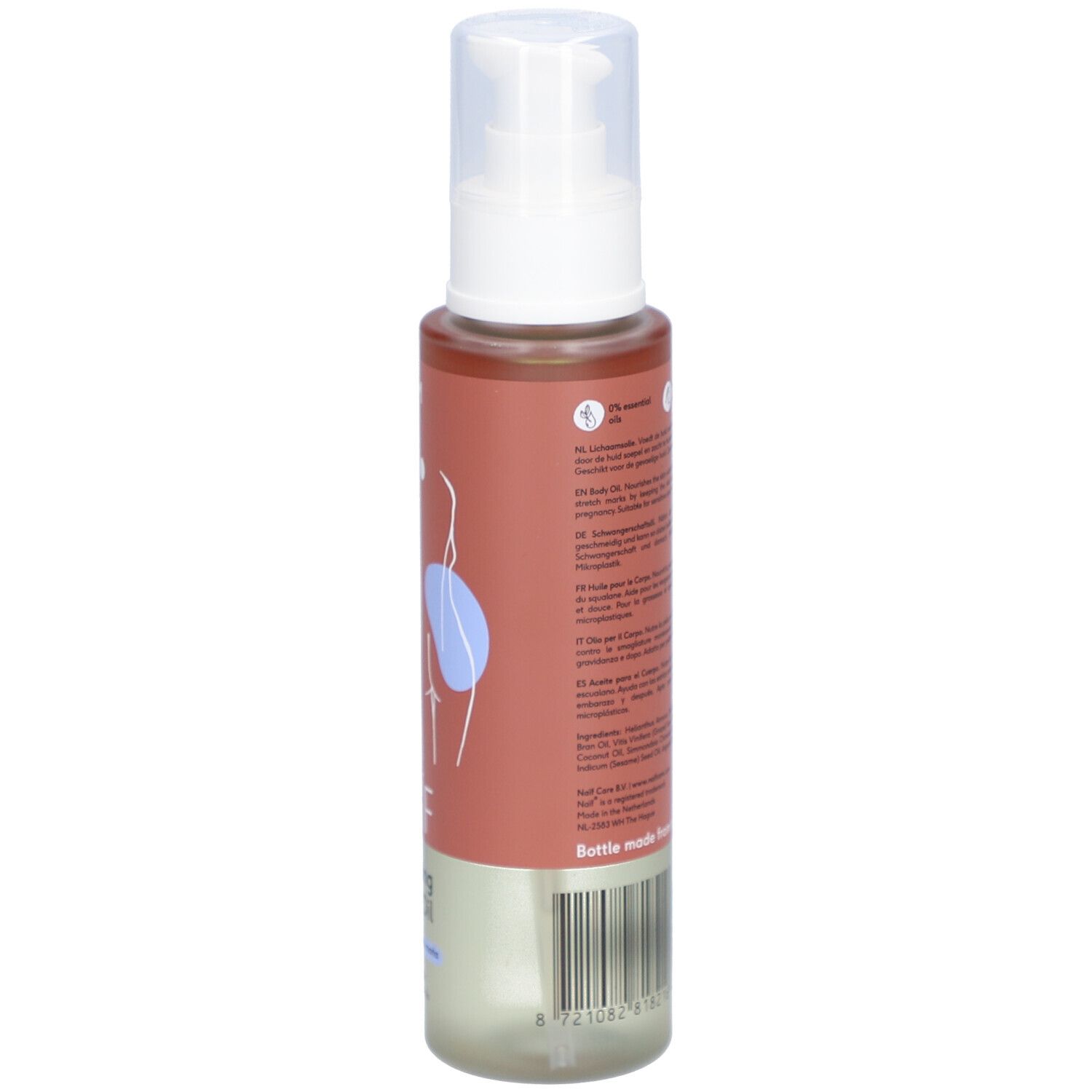 Dos du flacon d'huile corporelle relaxante NAÏF. Texte en plusieurs langues. Informations sur les ingrédients et les certifications.