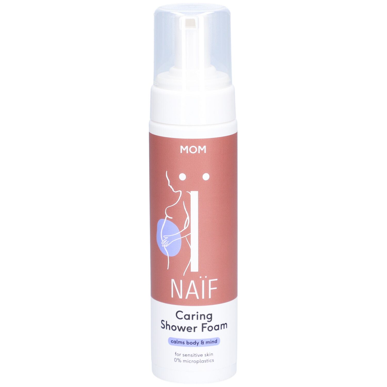 Flacon de mousse de douche NAÏF Caring. Inscription : MOM, silhouette de femme enceinte, NAÏF, Caring Shower Foam. 