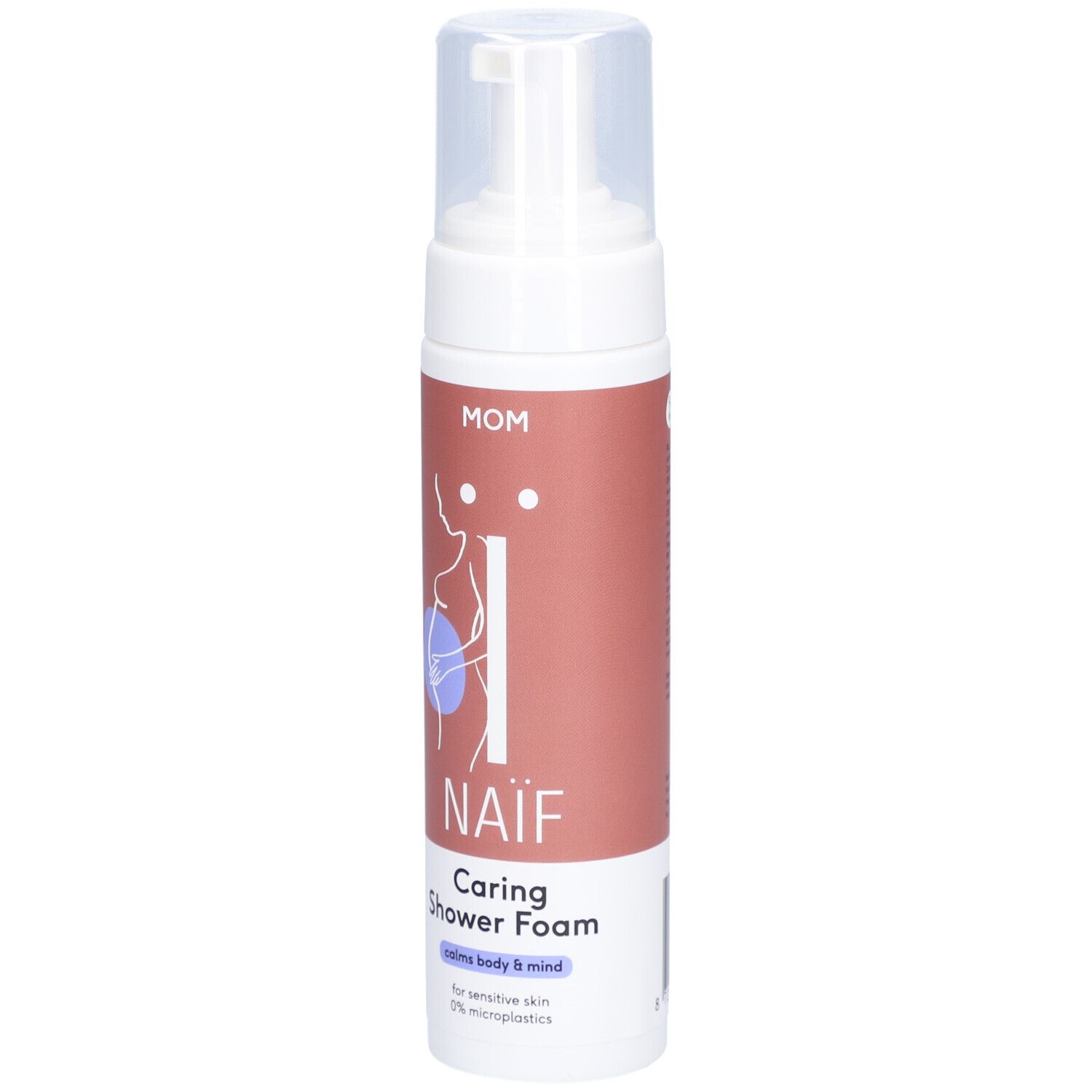 Flacon de mousse de douche NAÏF Caring. Inscription : MOM, silhouette de femme enceinte, NAÏF, Caring Shower Foam.