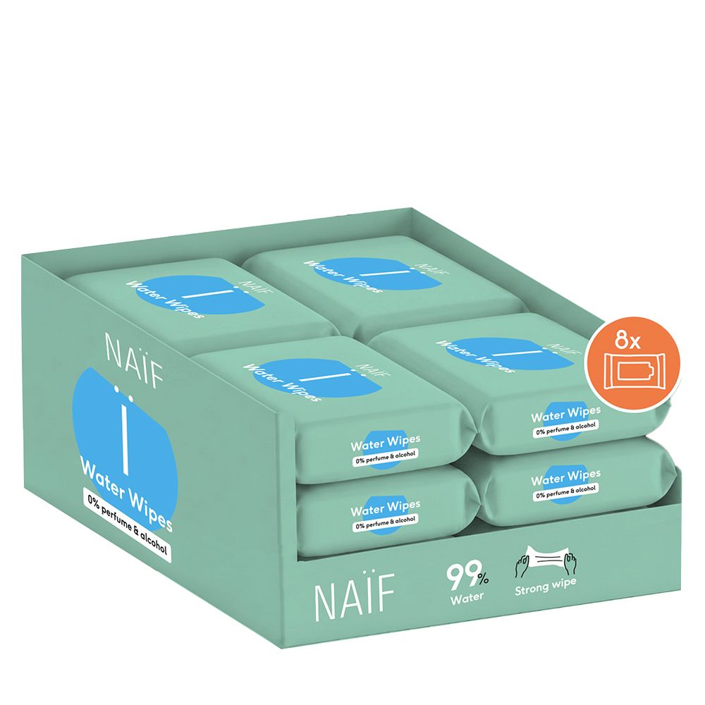 Présentoir de 8 paquets de lingettes Naïf Water Wipes.