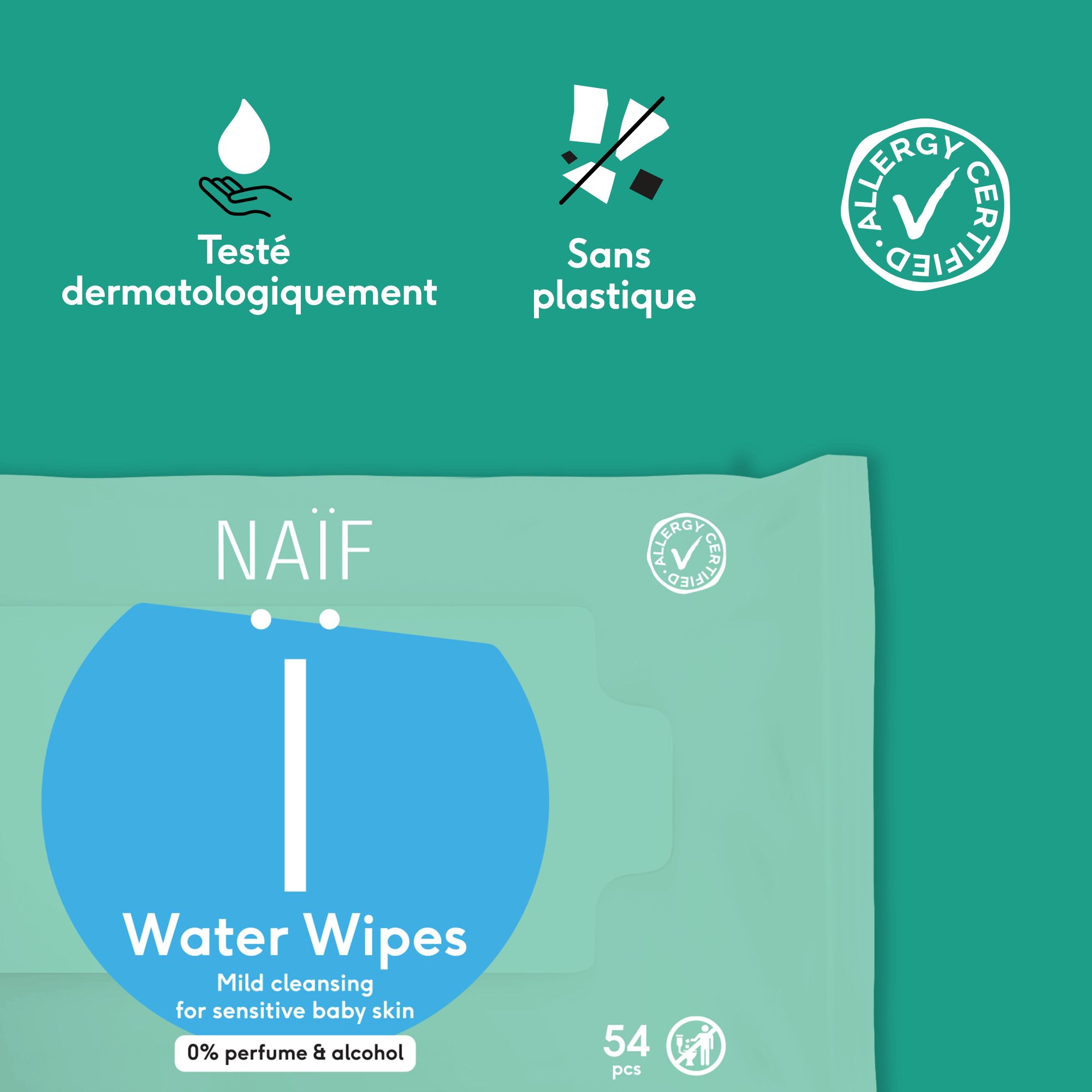 Lingettes Naïf, 99% eau, 0% parfum, 0% alcool.