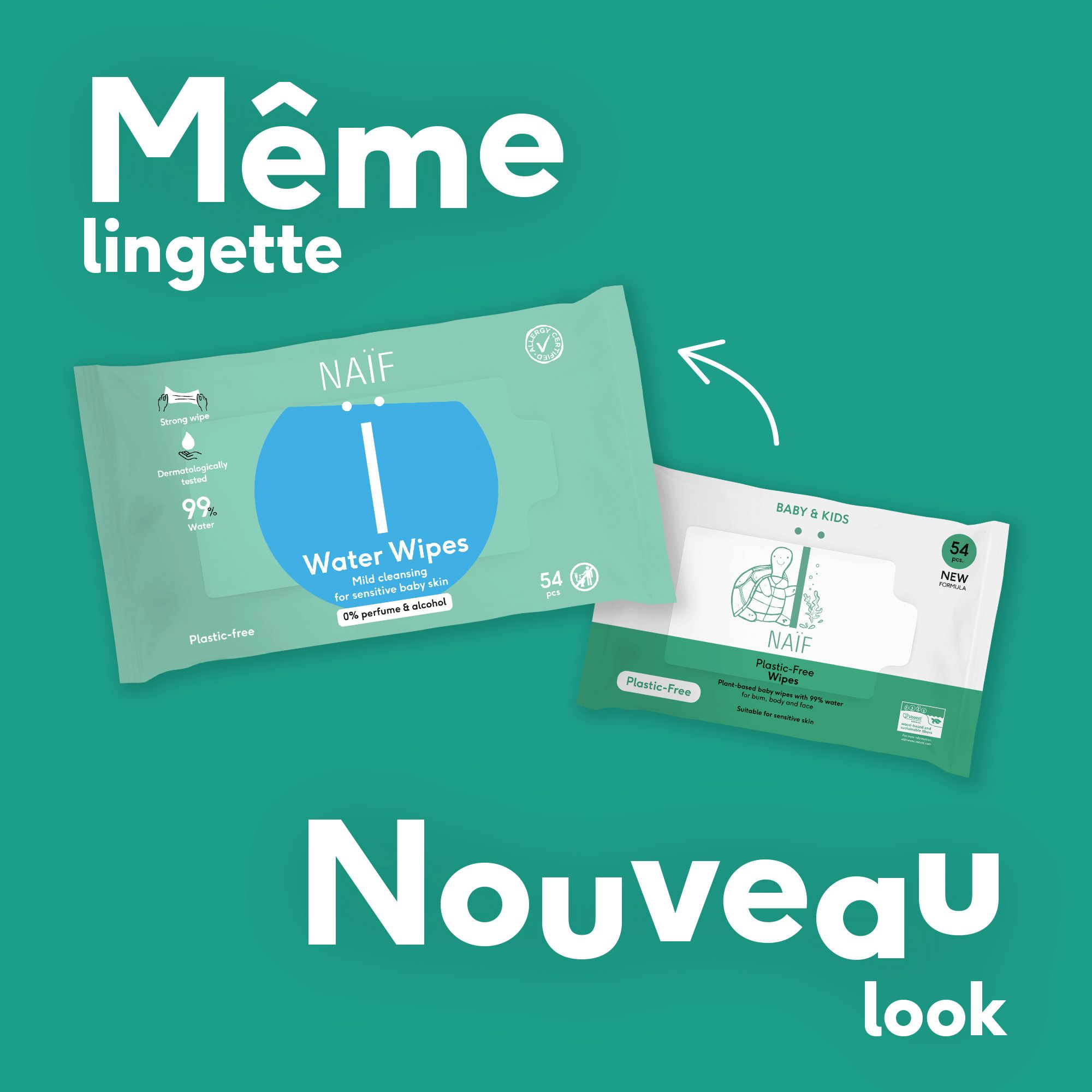 Lingettes Naïf Water Wipes, 54 pièces. "Nouveau look". Lingette et emballage.