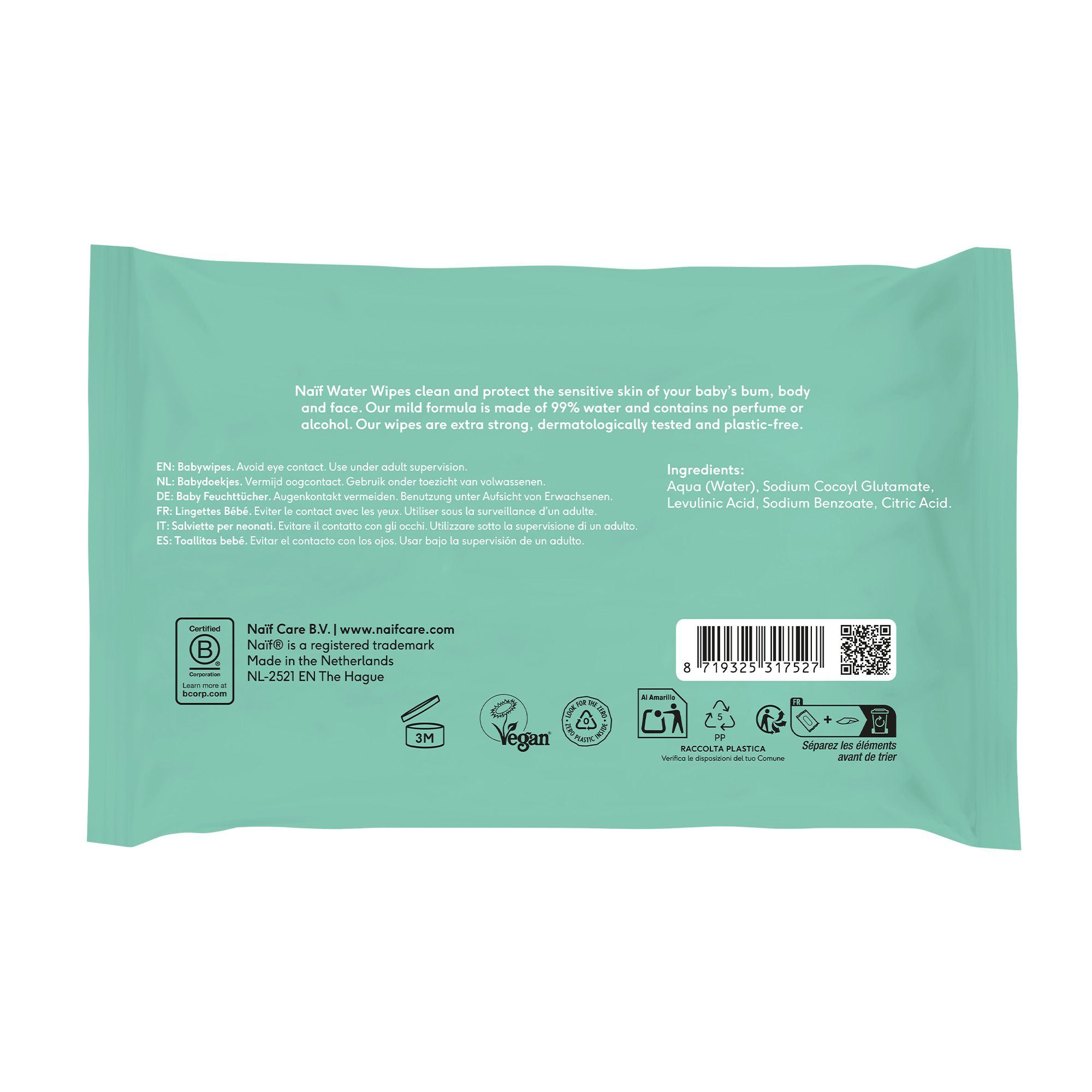 Dos d'une lingette Naïf Water Wipes. Ingrédients et certifications.