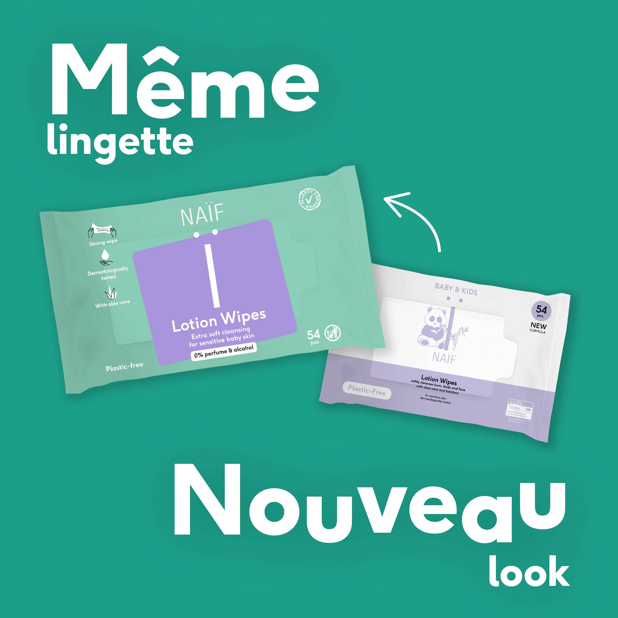 Deux paquets de lingettes humides de marque Naïf, une avec une étiquette violette et une blanche, sur fond vert.