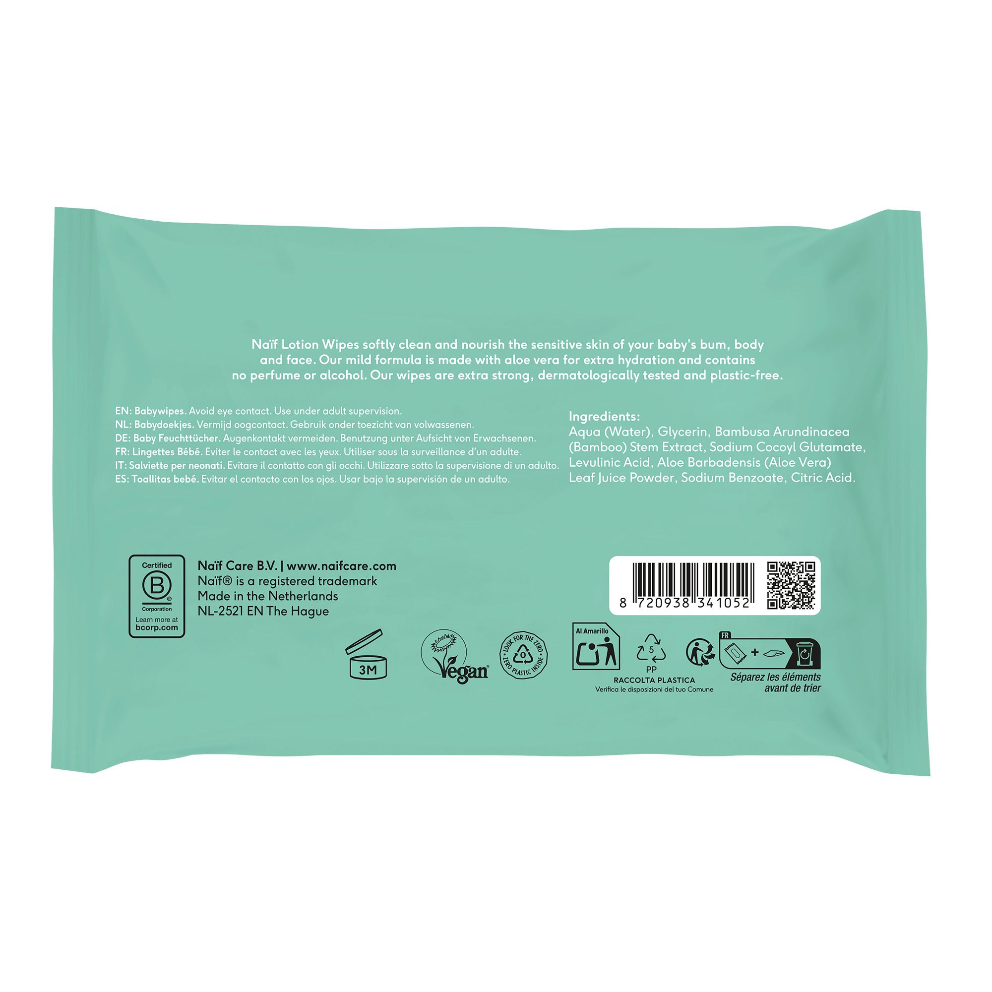 Dos d'un paquet de lingettes humides avec ingrédients et certifications.