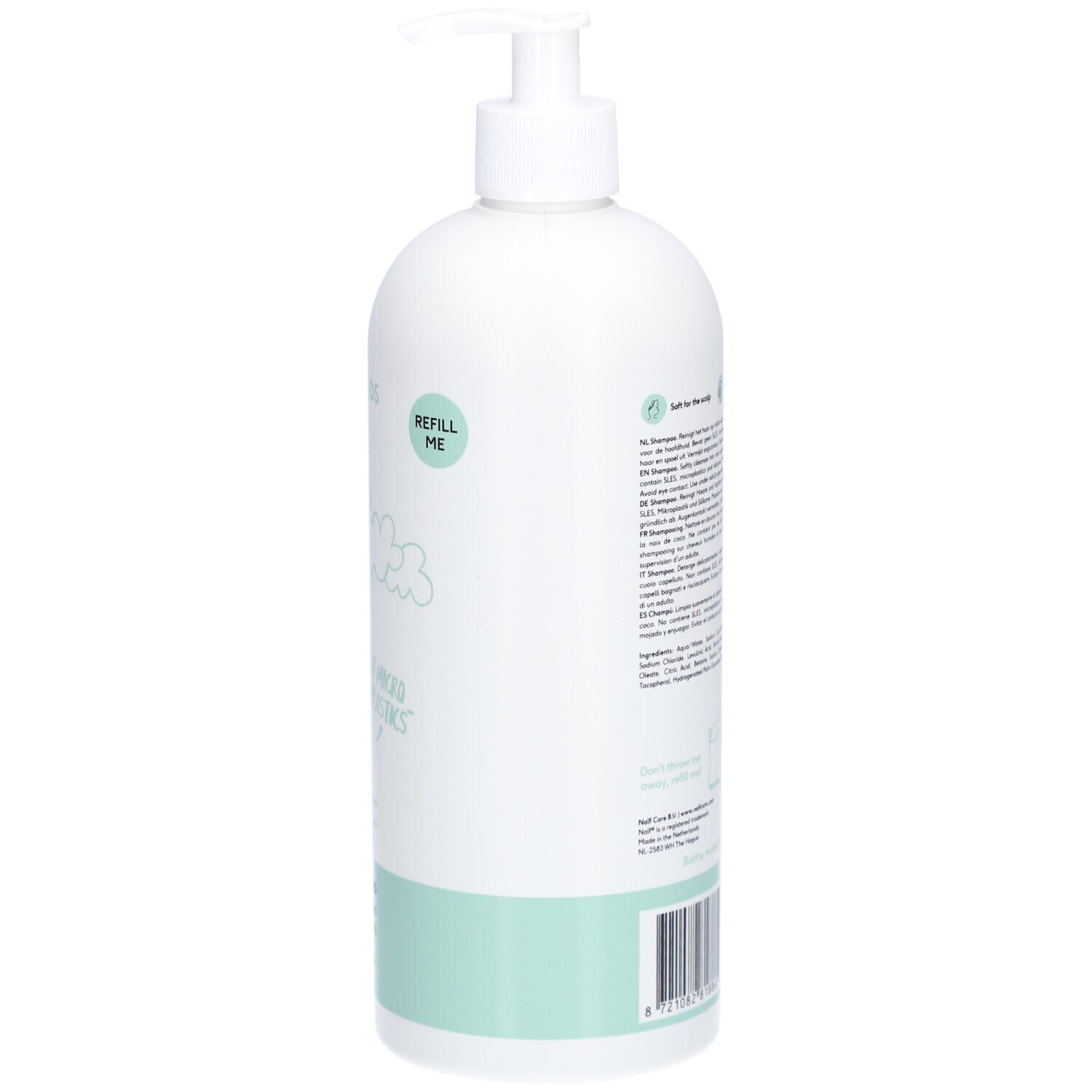 Flacon blanc de shampooing Naïf, vue latérale. Avec texte, accents verts et pompe.