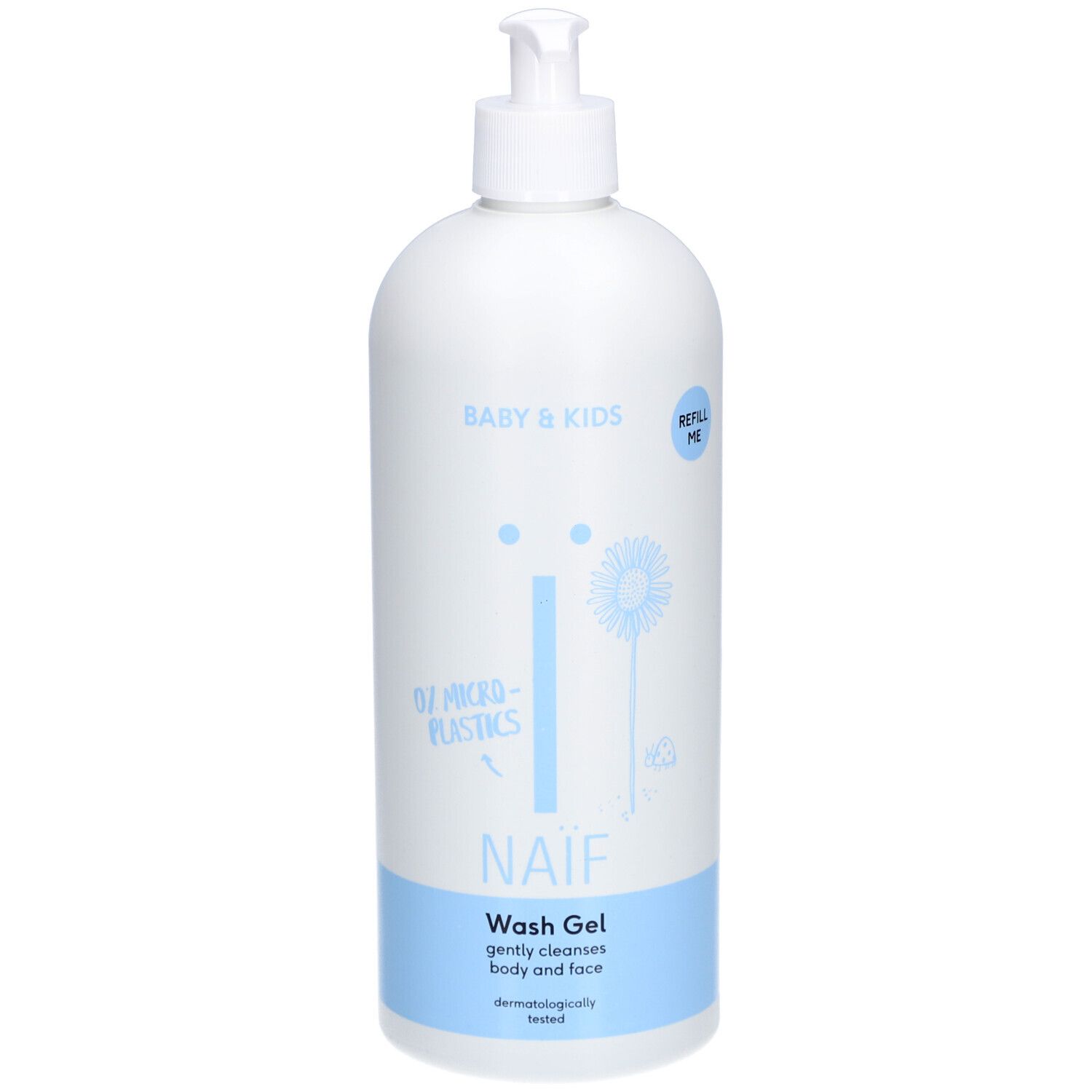 Flacon blanc avec pompe. Inscription: NAÏF Wash Gel, Baby & Kids. Bande bleu clair en bas. Sans microplastiques.