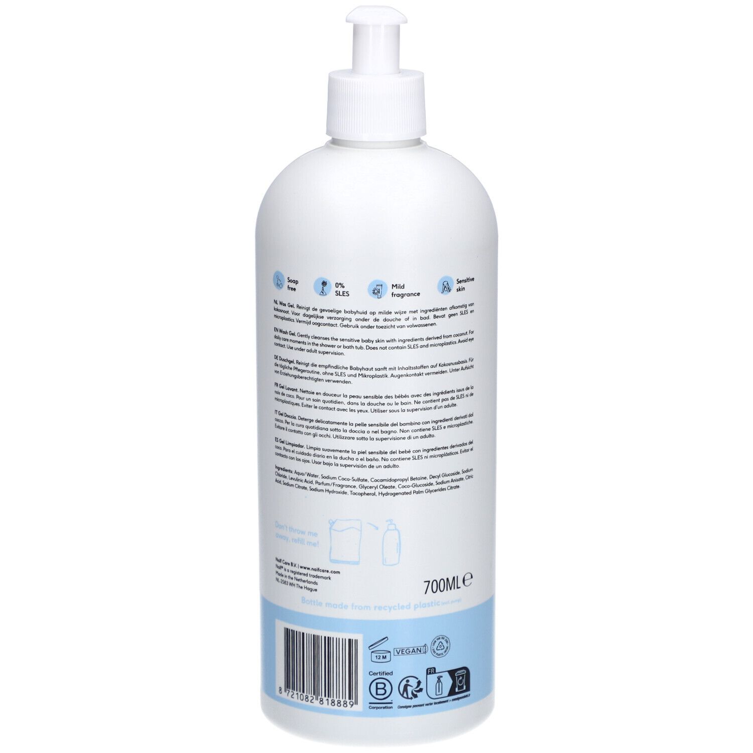 Flacon blanc avec pompe. Dos avec texte et ingrédients. Bande bleu clair en bas. 700ml.