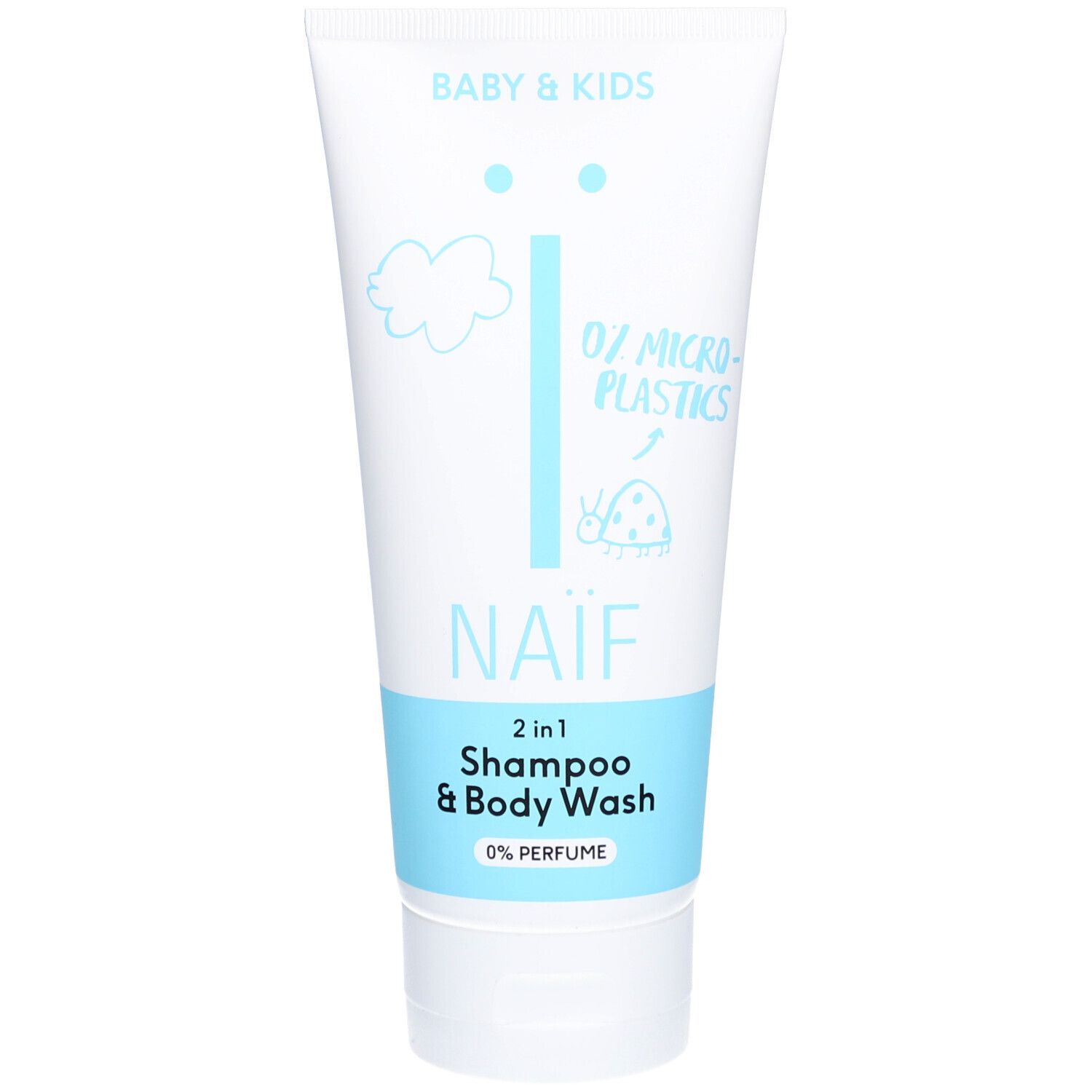 Tube blanc avec impression bleue. Inscription: BABY & KIDS, NAÏF, 2 en 1 Shampoo & Body Wash, 0% Perfume. Illustrations: nuage, coccinelle. Texte: 0% MICRO-PLASTICS.
