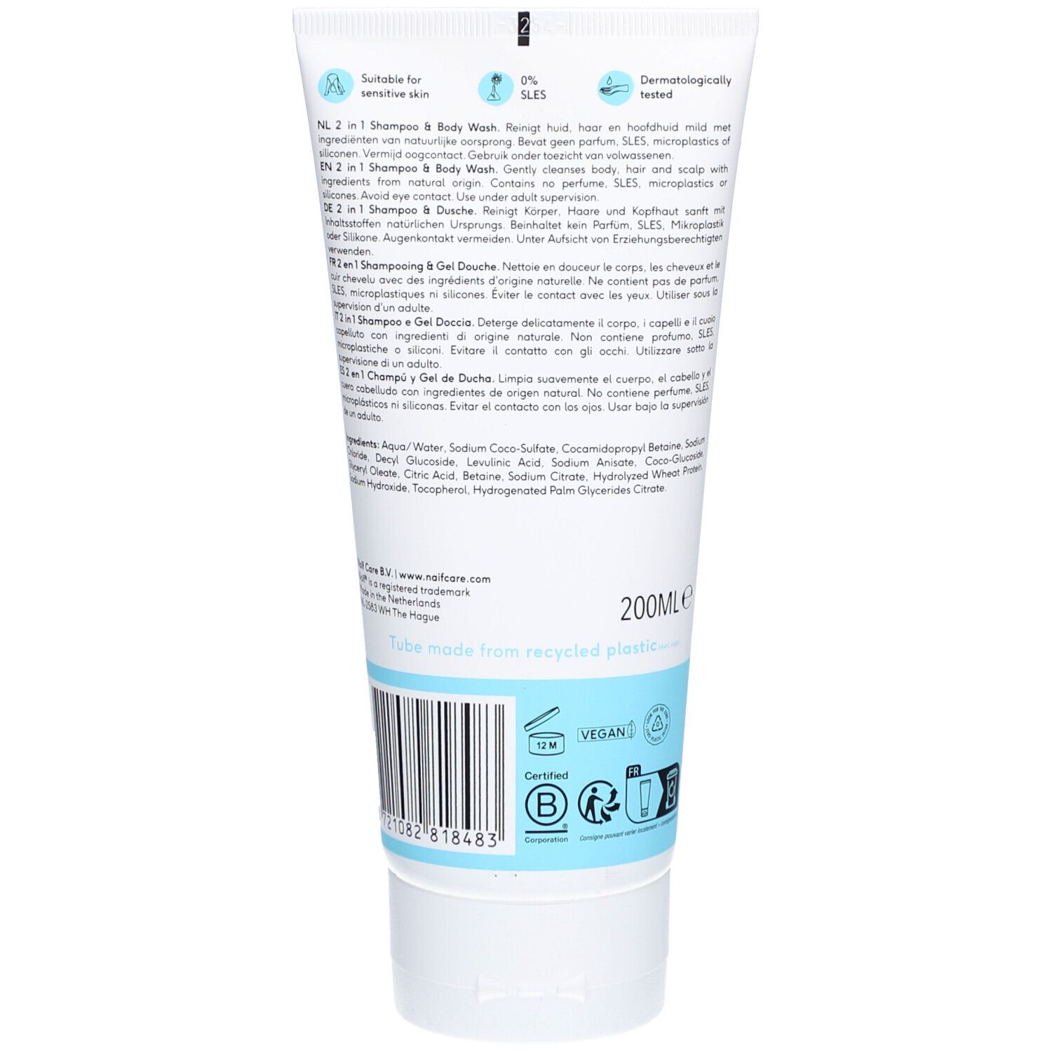 Dos d'un tube blanc. Texte en plusieurs langues. Contient ingrédients, certifications et logos. Volume: 200ml. Texte: Made from recycled plastic.