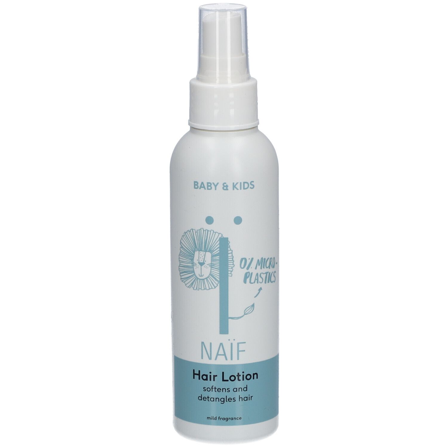 Flacon blanc avec vaporisateur. Inscription : Naïf, Hair Lotion. Contient 0% microplastiques. Pour bébés et enfants.