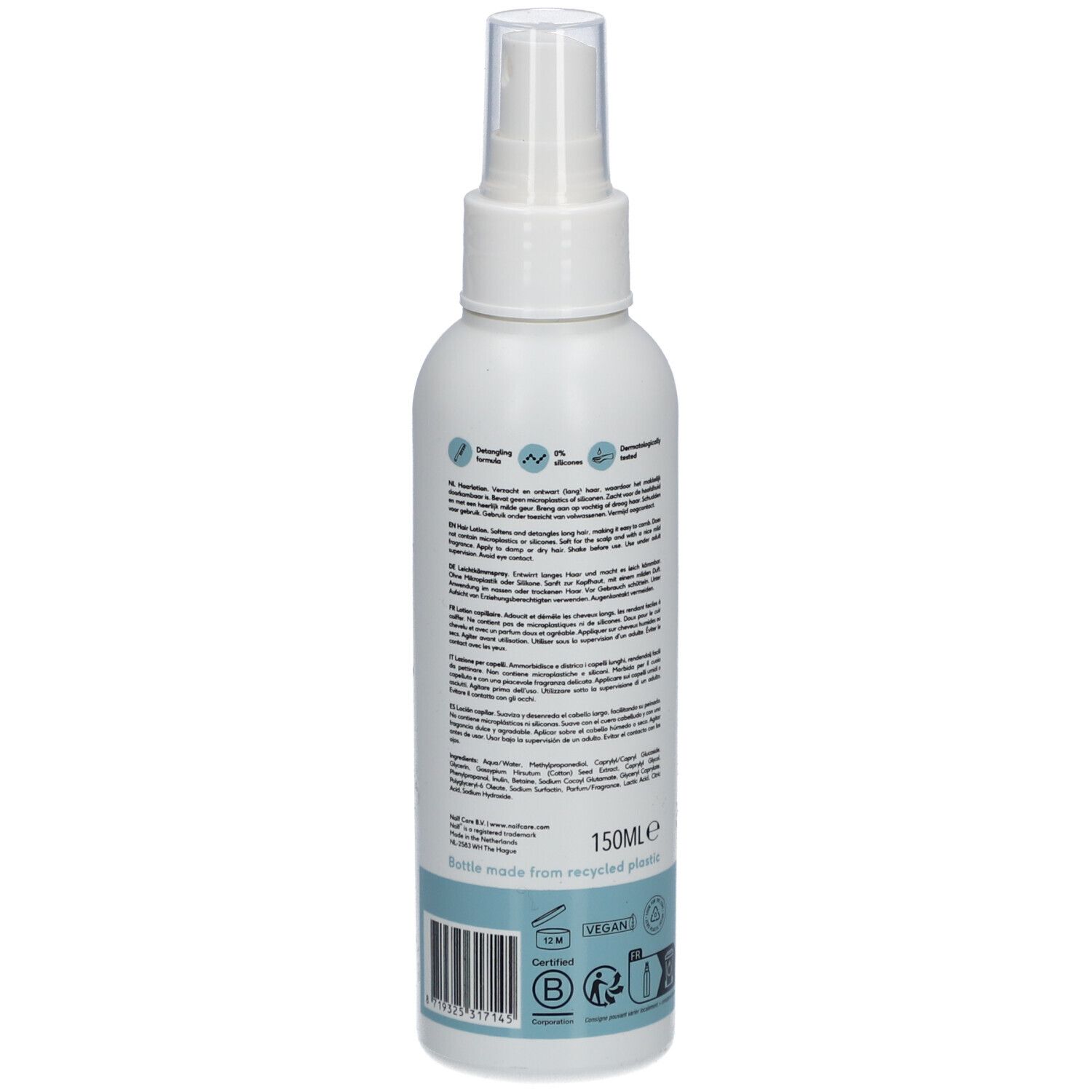 Flacon blanc avec vaporisateur. Inscription : Naïf, Hair Lotion. Texte au dos. 150ml. Pour bébés et enfants.