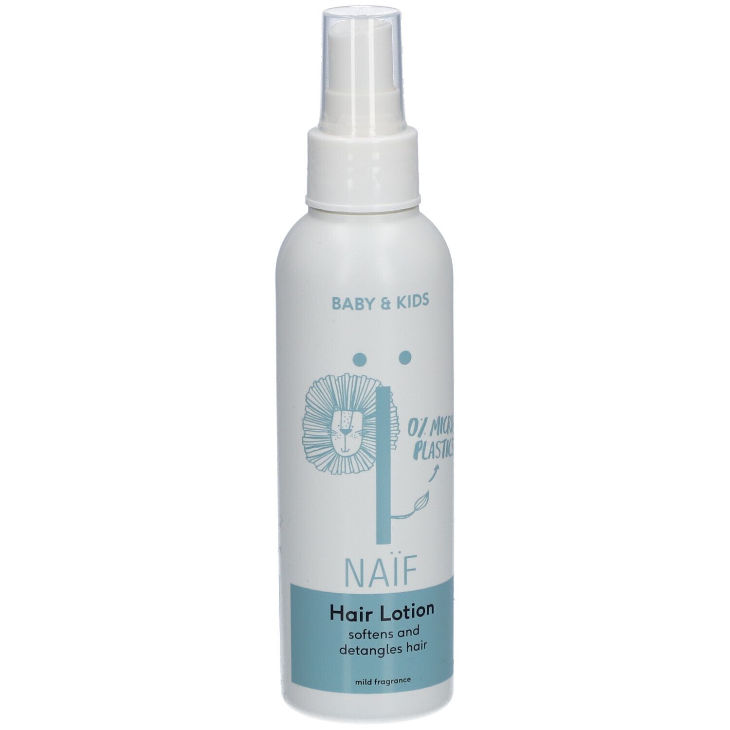 Flacon blanc avec vaporisateur. Inscription : Naïf, Hair Lotion. Contient 0% microplastiques. Pour bébés et enfants.