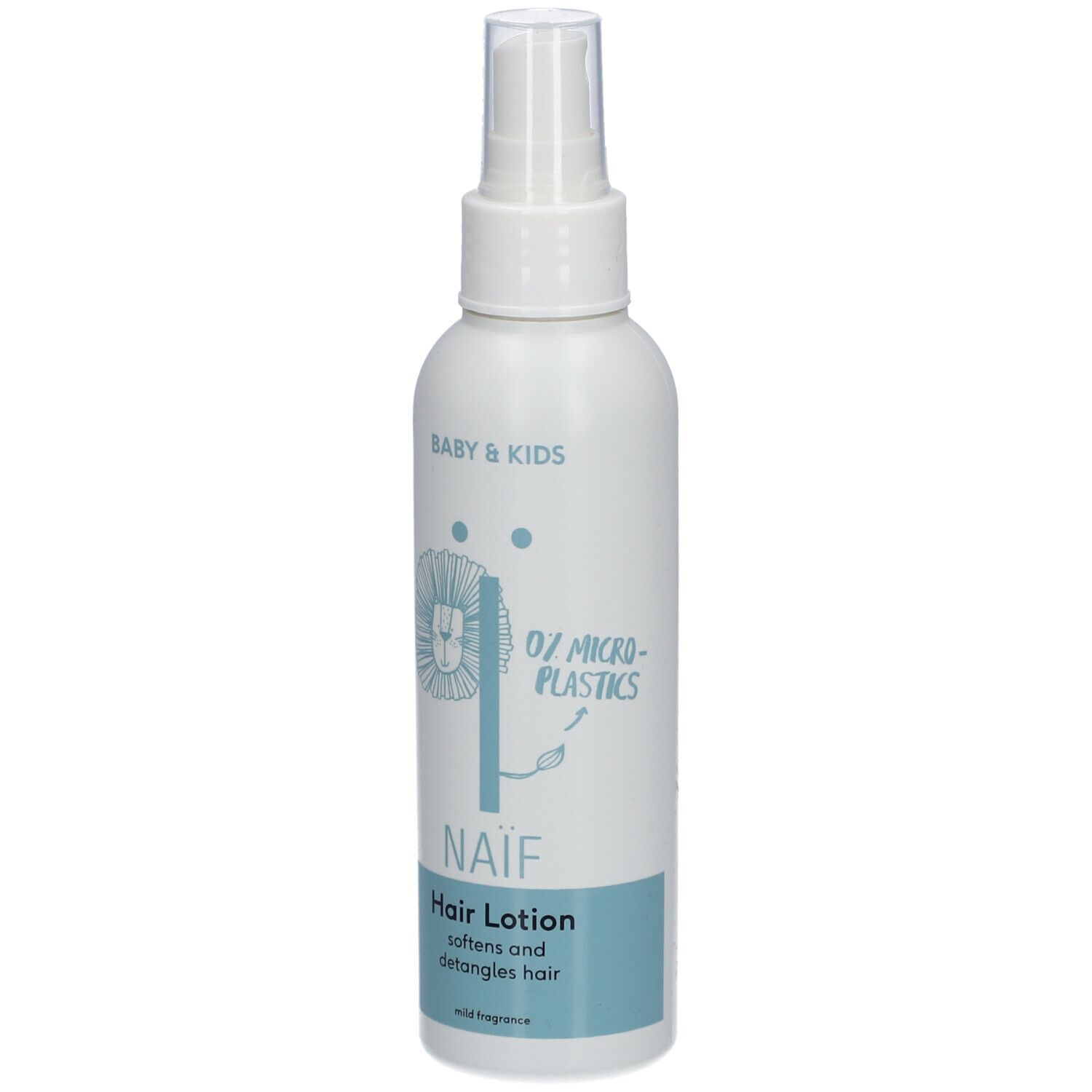 Flacon blanc avec vaporisateur. Inscription : Naïf, Hair Lotion. Contient 0% microplastiques. Pour bébés et enfants.