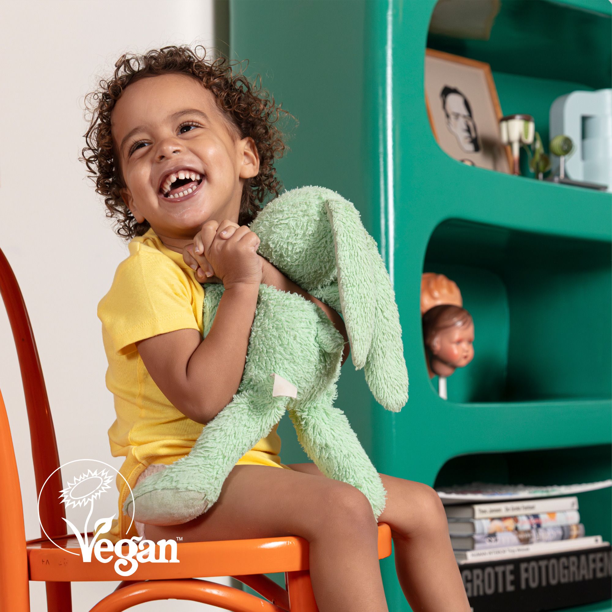Enfant aux cheveux bouclés. Texte : Wel kammen. Geen klitten.