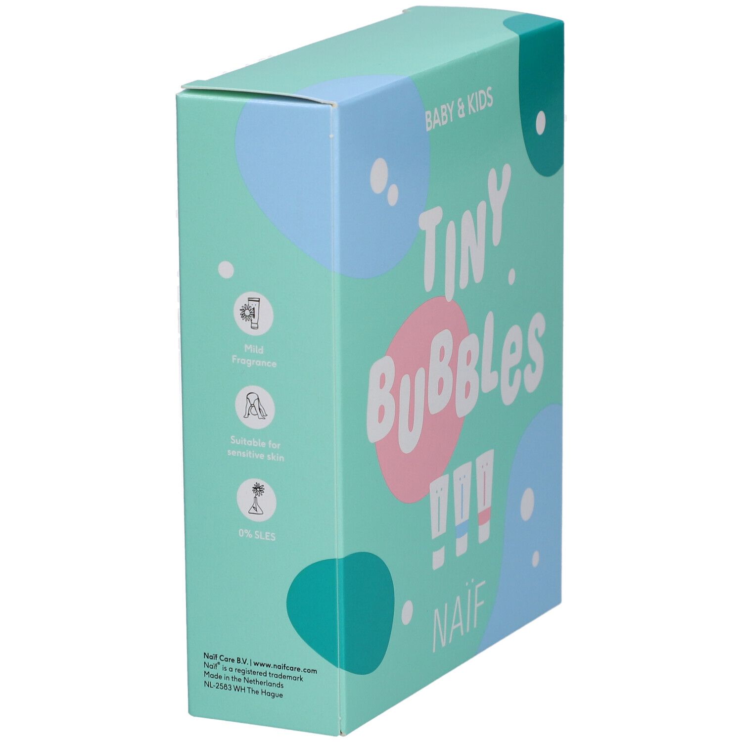 Boîte turquoise avec "TINY Bubbles" et "NAÏF". Symboles et texte sur le côté. Inscription "BABY & KIDS".