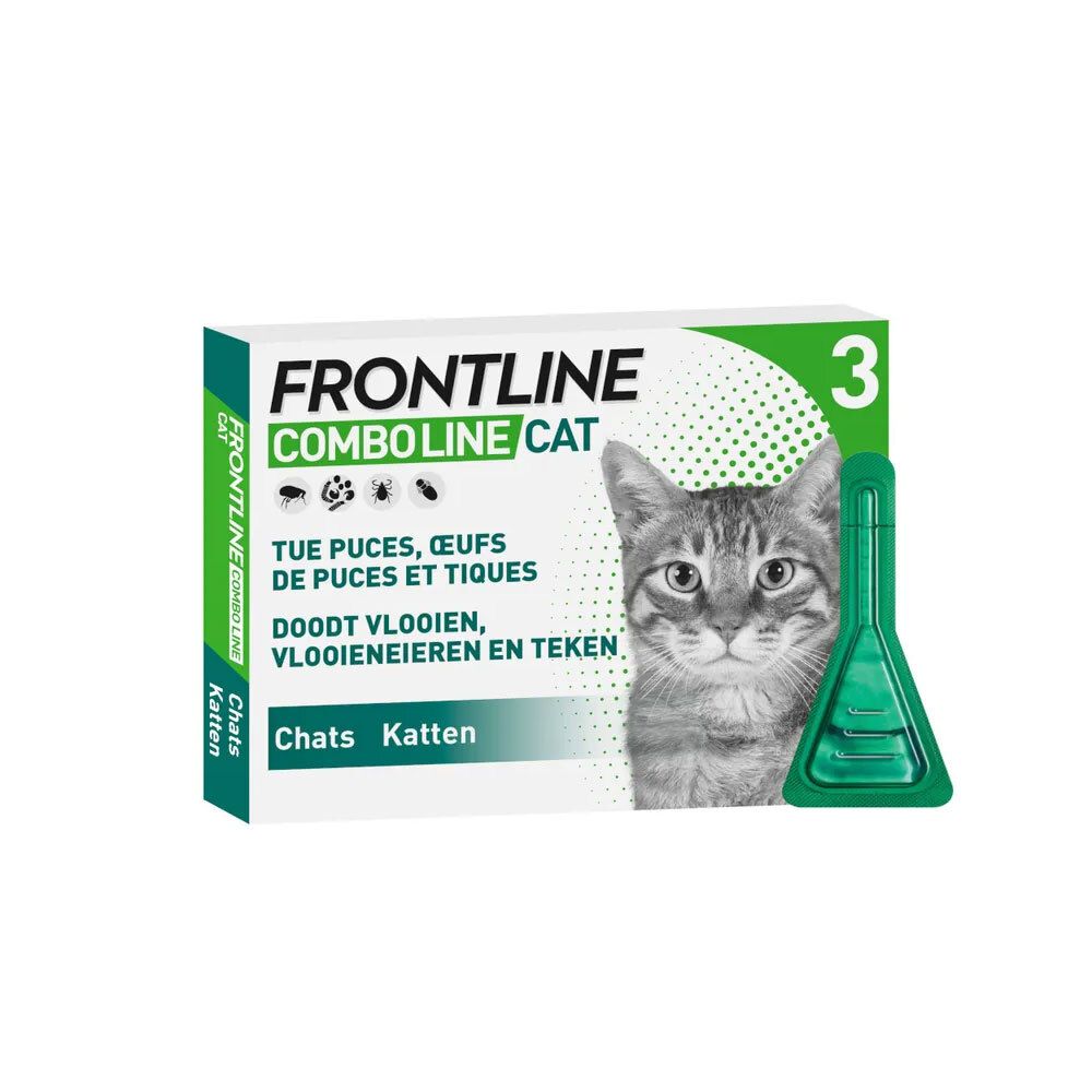 Boîte Frontline Combo Line Cat avec pipette. Contient 3 pipettes. Image d'un chat. Texte multilingue.