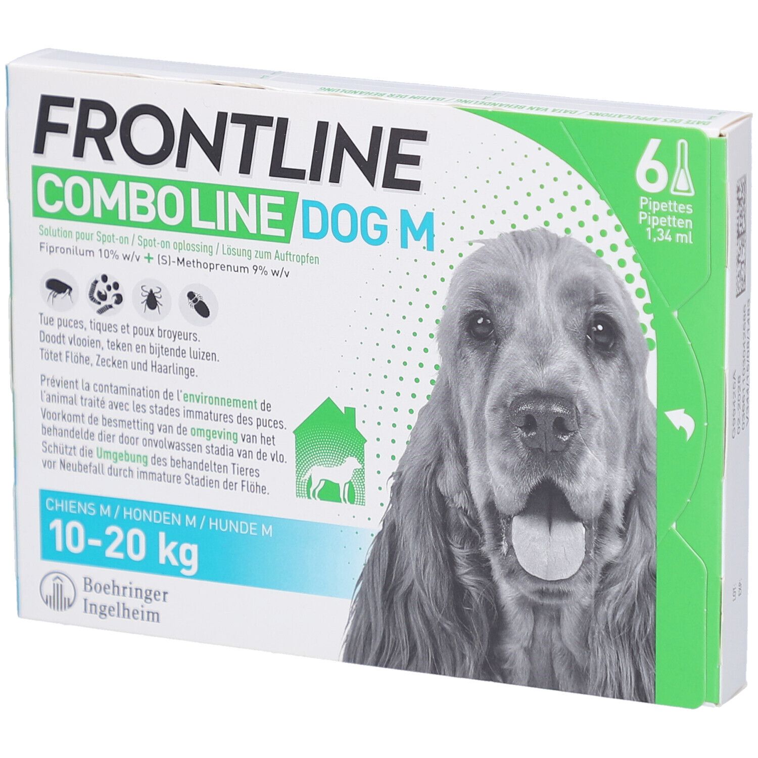 Boîte de Frontline Combo Line Dog M. Contient 6 pipettes. Pour chiens 10-20 kg. Avec photo de chien.
