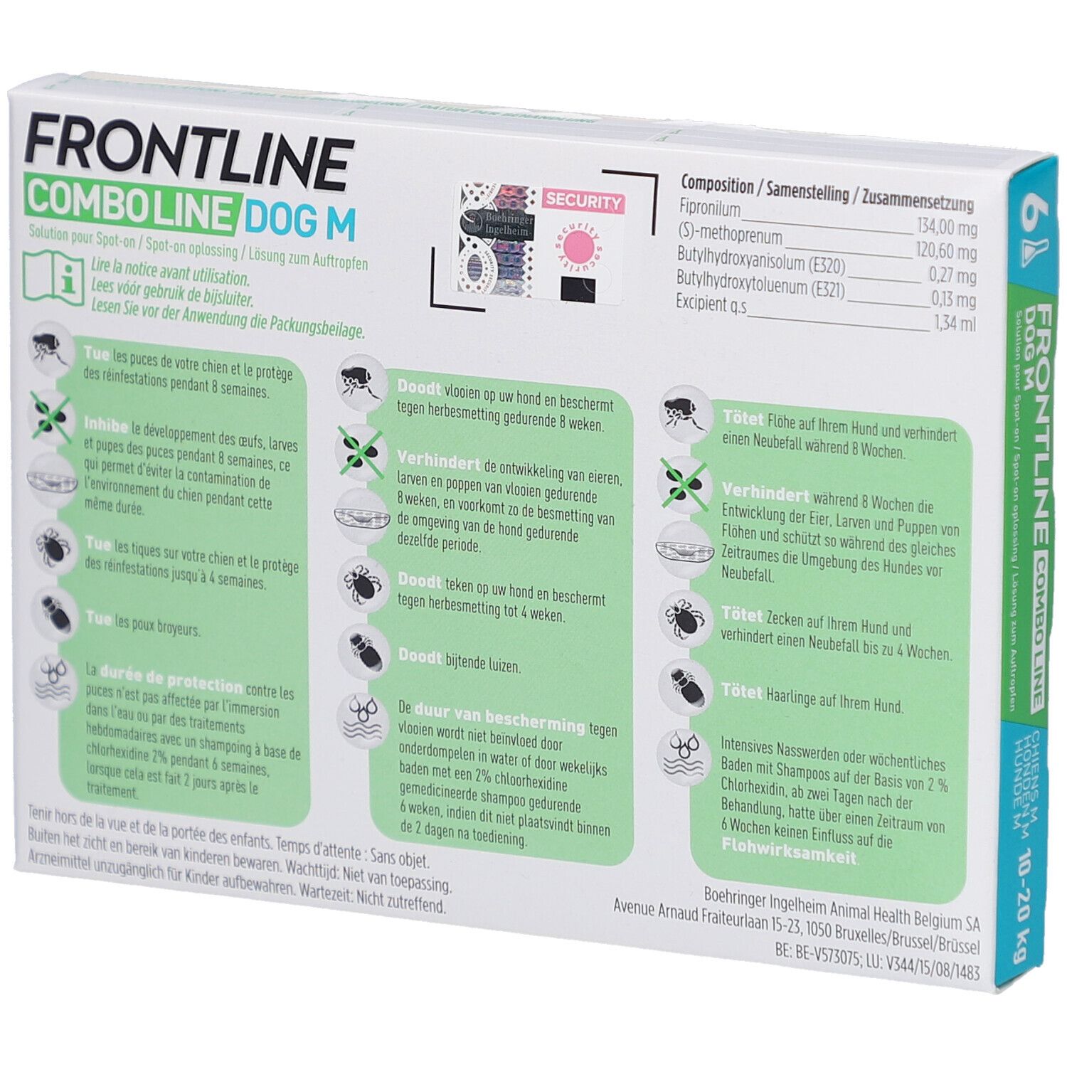 Dos de la boîte Frontline Combo Line Dog M. Informations sur l'utilisation et les ingrédients.