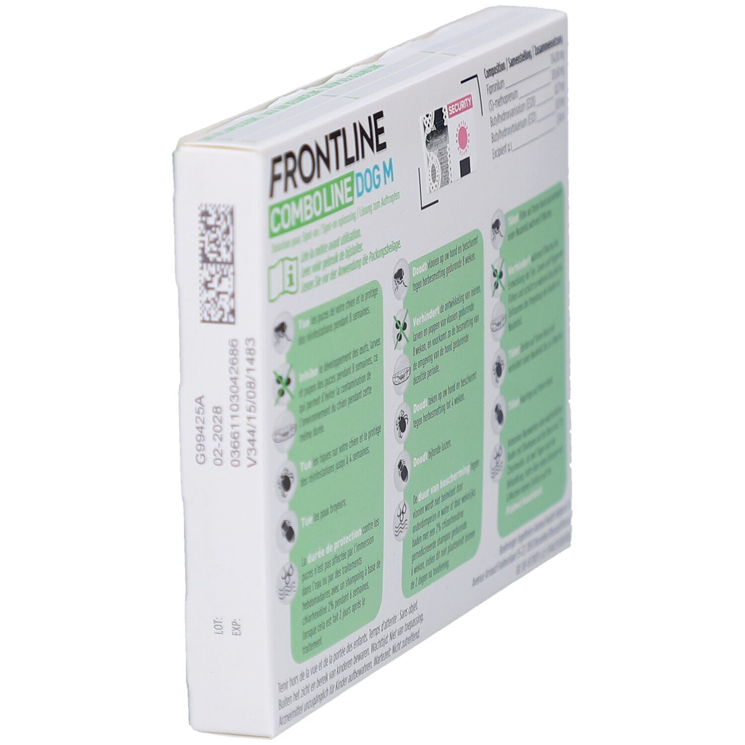 Dos de la boîte Frontline Combo Line Dog M. Avec informations et code QR.