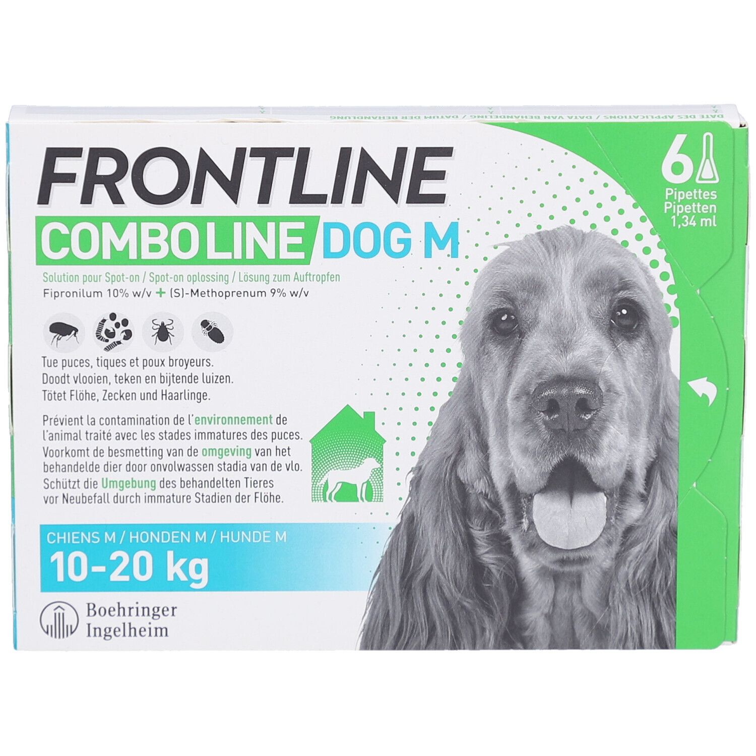 Boîte Frontline Combo Line Dog M. 6 pipettes. Pour chiens 10-20 kg. Avec photo de chien.