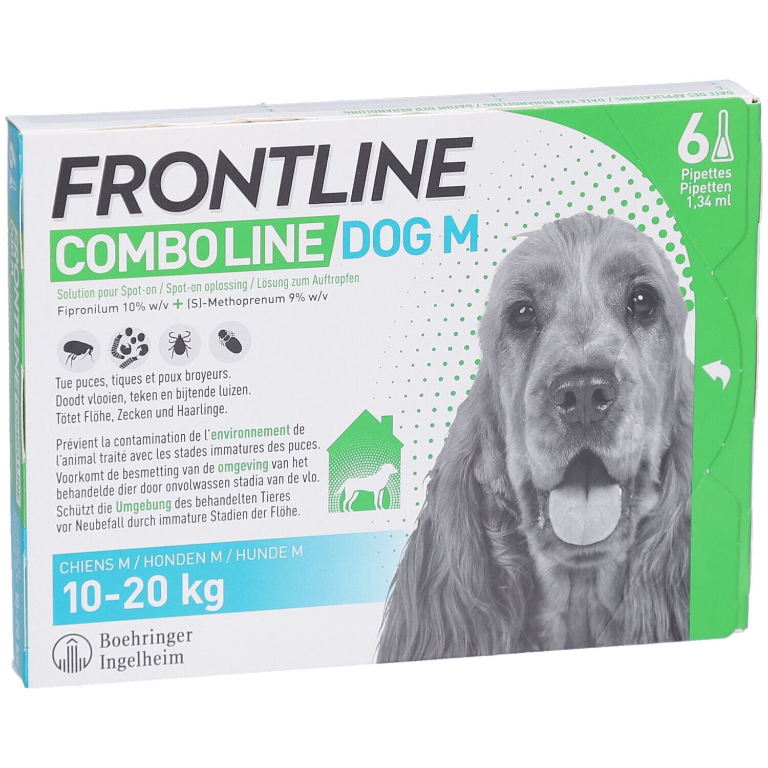 Boîte Frontline Combo Line Dog M. 6 pipettes. Pour chiens 10-20 kg. Avec photo de chien.