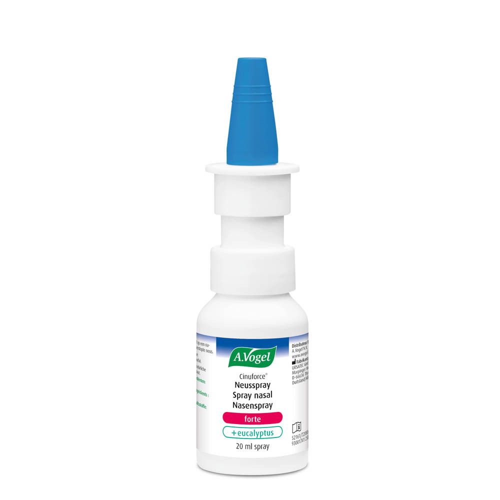 Flacon de spray nasal A.Vogel Cinuforce forte + eucalyptus. Embout bleu. 20 ml.