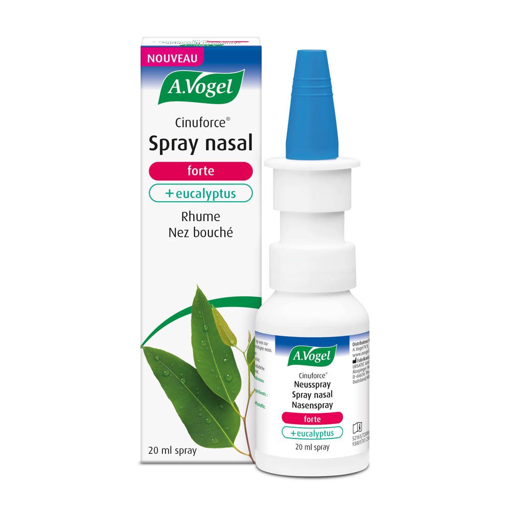 A.Vogel Cinuforce Spray nasal forte + eucalyptus et emballage. Flacon de 20 ml.